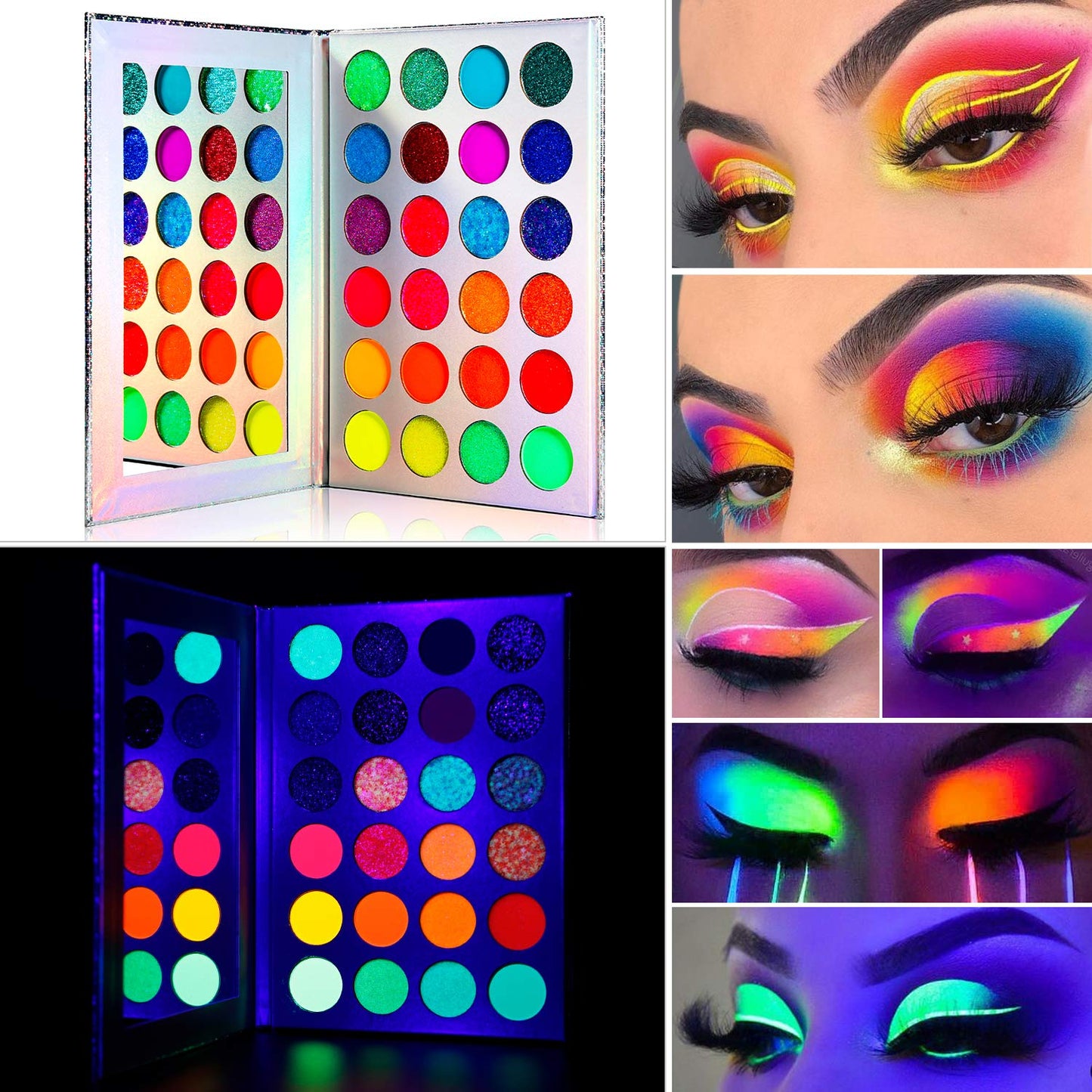 DE'LANCI Neon Eyeshadow Palette Glow in the Dark, Aurora Glow Eyeshadow Pallets Stage, Halloween Christmas Makeup Kit UV Blacklight Matte and Glitter Beauty & Personal Care DE'LANCI