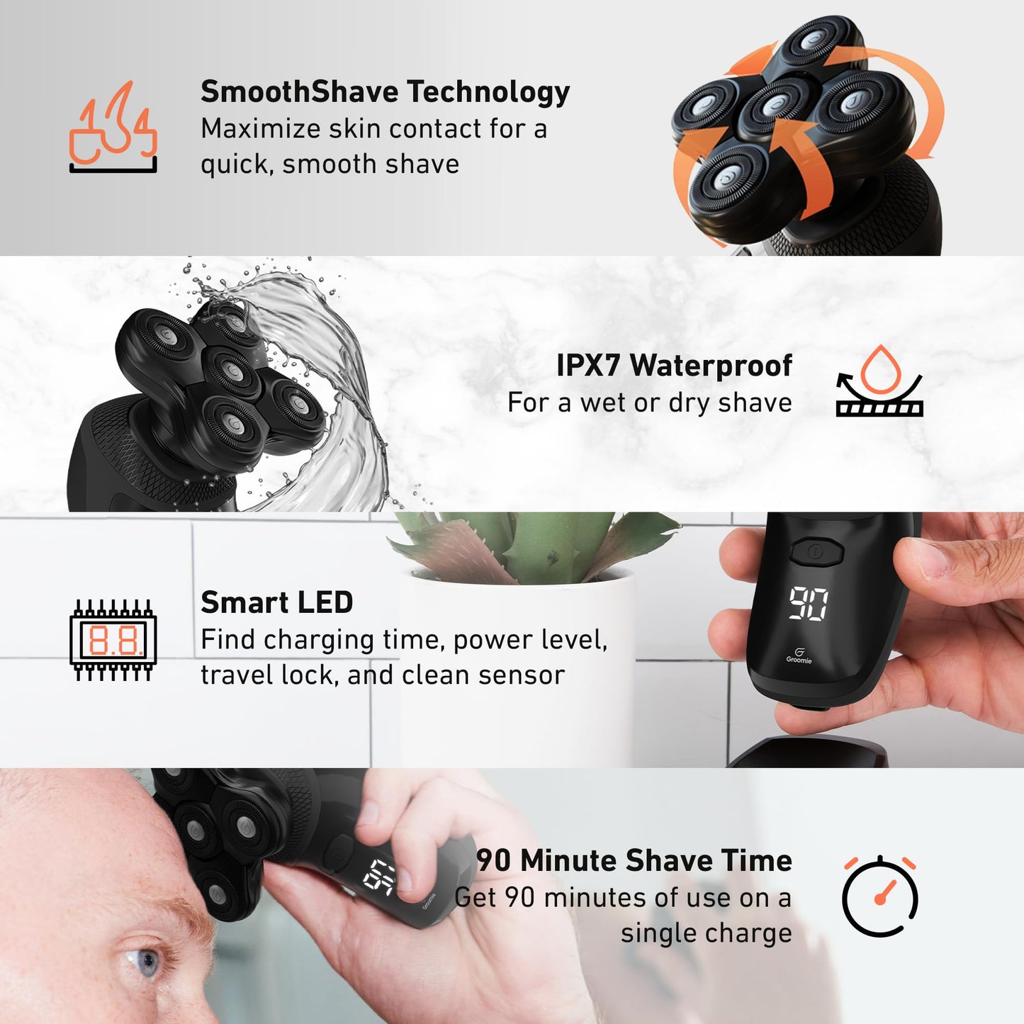 Groomie Cordless Bald Head Shavers for Men, BaldiePro Head Grooming Kit - Ergonomic & Waterproof Head Shavers for Bald Men - Electric Hair Shaver Beauty and Personal Care Groomie