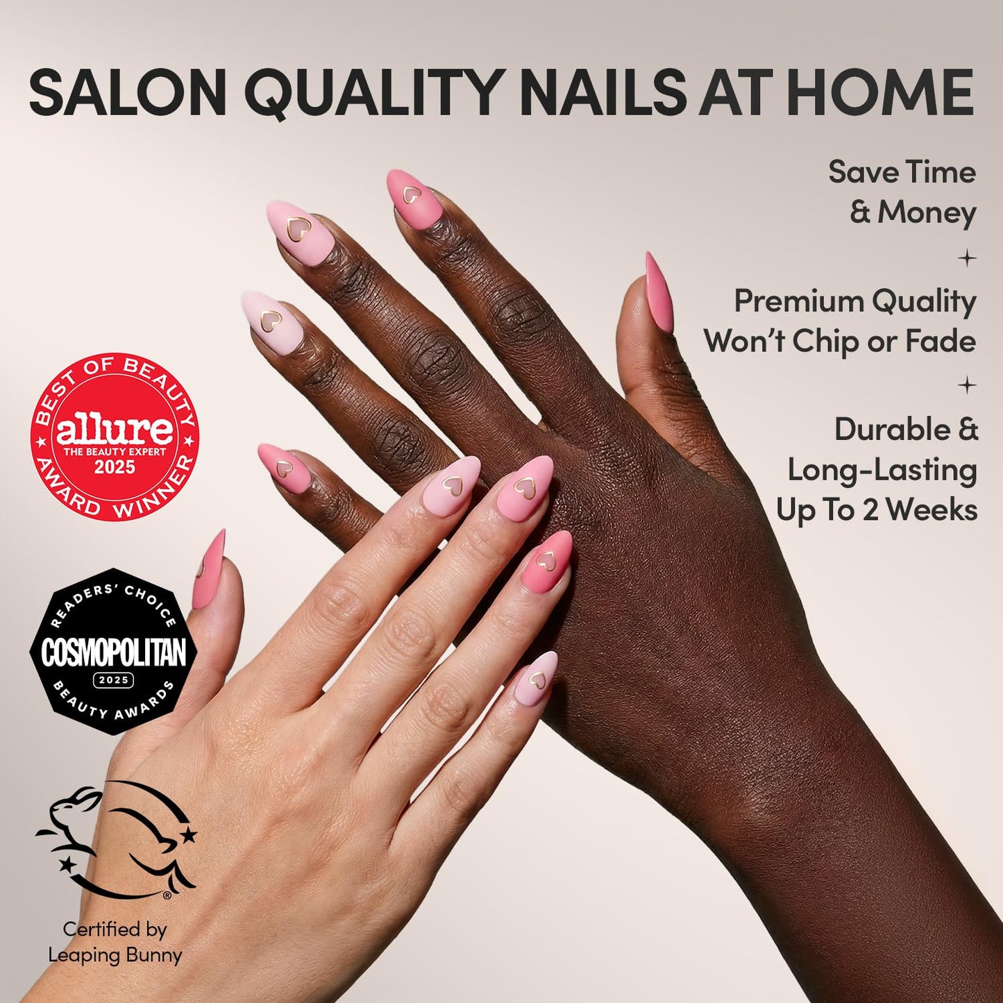 Glamnetic Press On Nails - Matte in Love | Short Almond Fake Nails in Mixed Pink Tones, Metallic Gold Heart in Matte Finish | 15 Sizes - 30 Nail Kit Beauty and Personal Care Glamnetic
