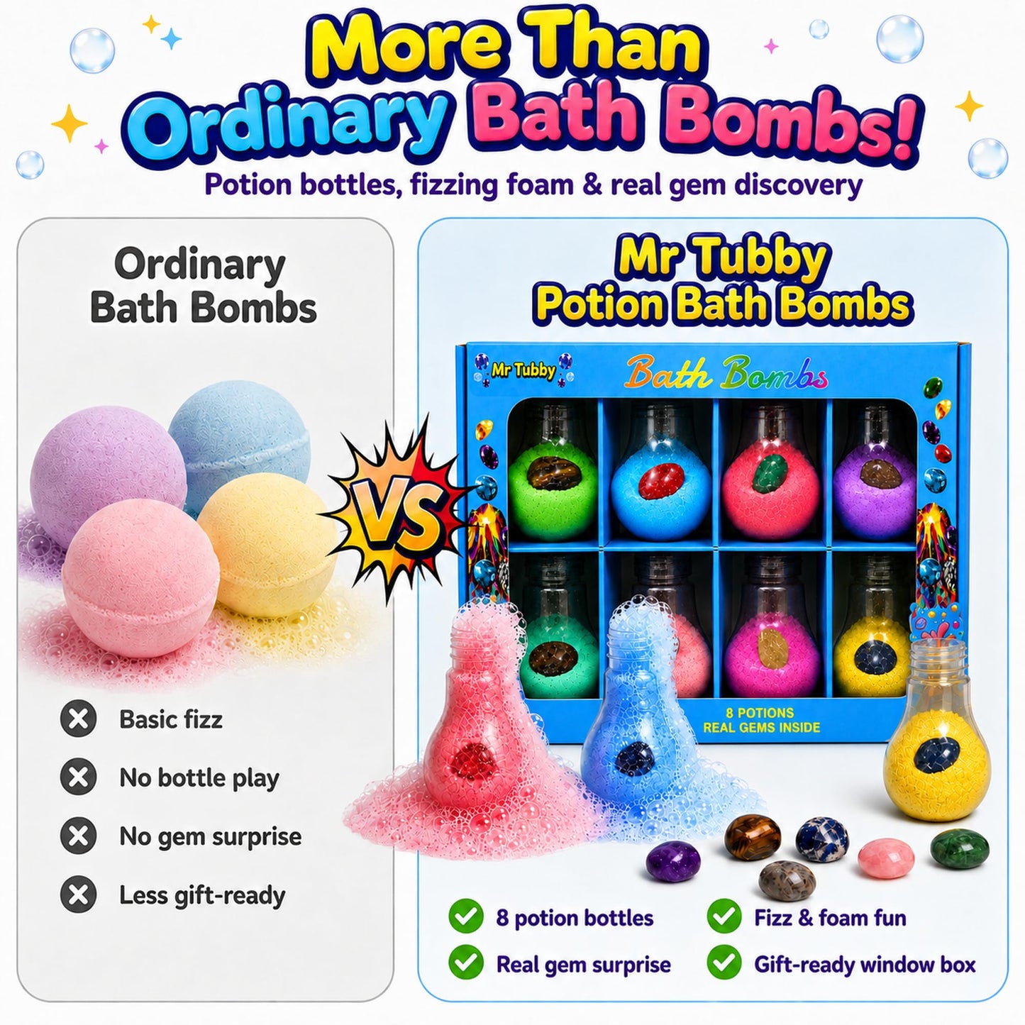 Mr Tubby Bath Bombs for Kids, 8 Potion Bottle Bath Bombs with Random Real Gem Surprises, Fizz & Foam Bath Toy Set, Gift-Ready Bath Bombs for Boys Beauty and Personal Care Mr Tubby