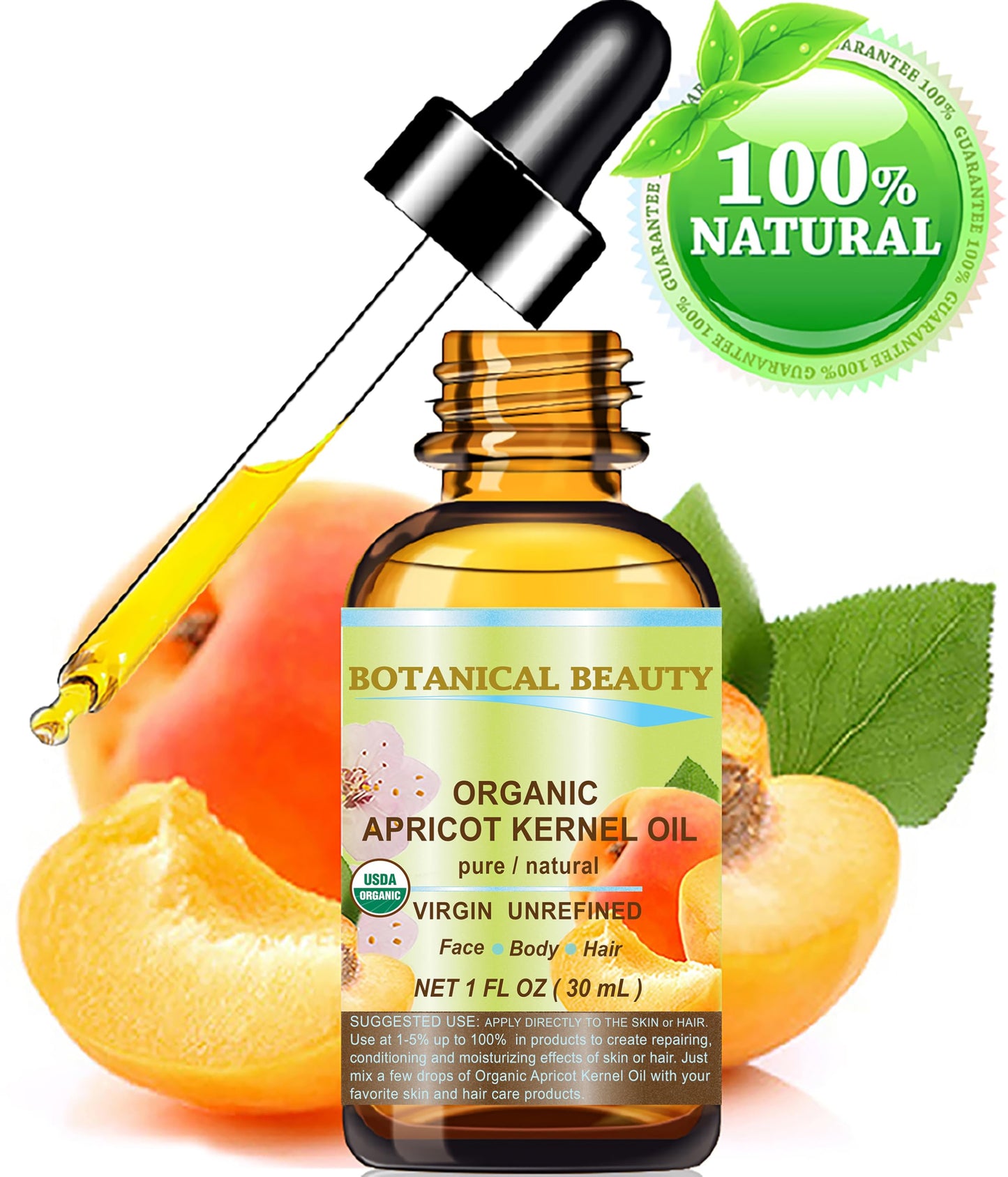 Botanical Beauty ORGANIC APRICOT KERNEL OIL Australian. 100% Pure Virgin Unrefined Cold Pressed Carrier Oil 1 oz- 30 ml. For Face, Hair, Body, Nails Beauty & Personal Care Botanical Beauty