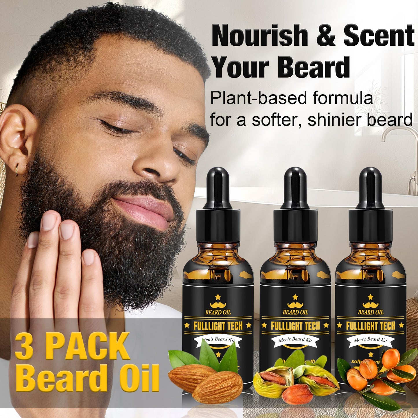 Beard Kit Gifts for Men, 3 Natural Beard Oil, Gently Soothes Itch & Dryness Beauty and Personal Care FULLLIGHT TECH