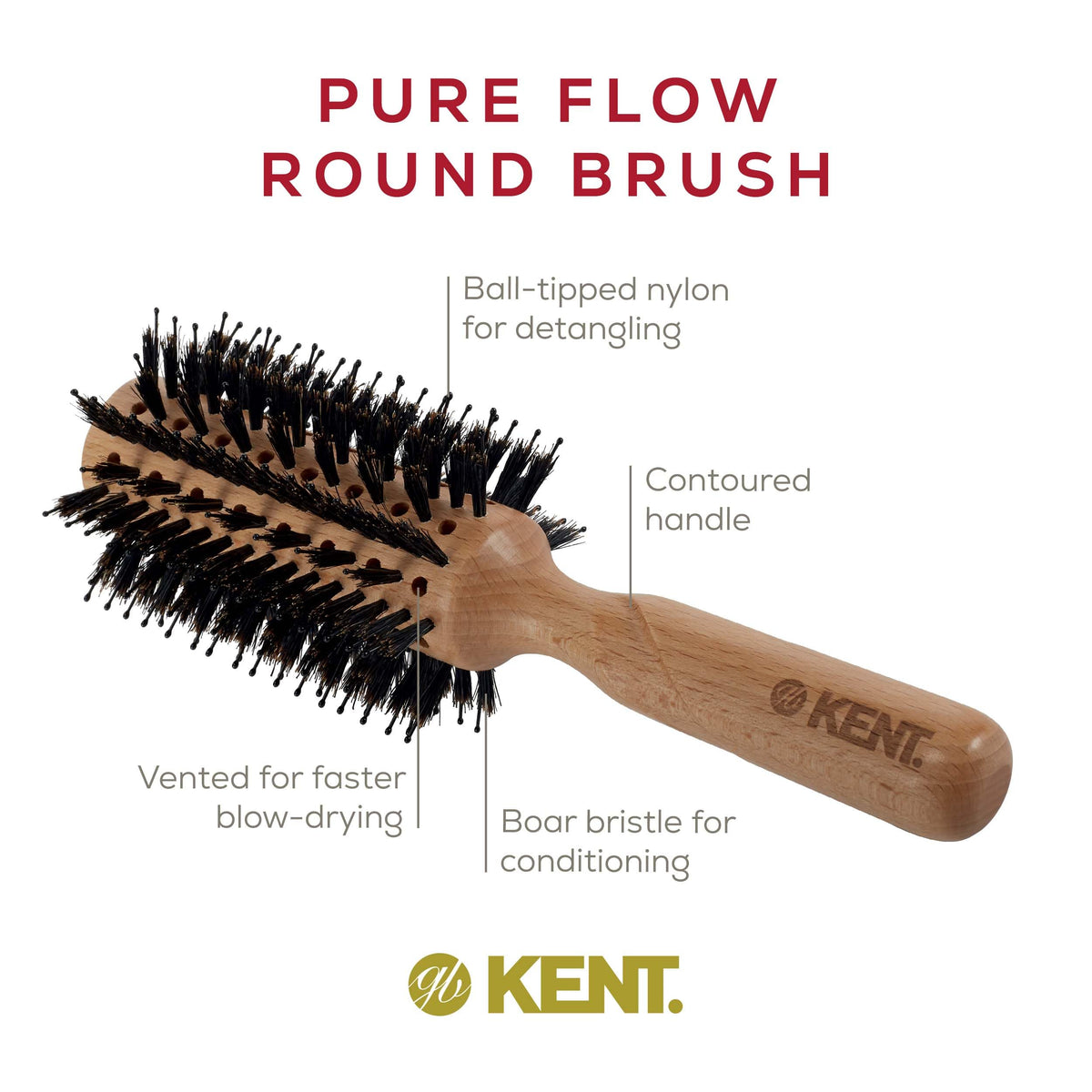Kent LPF5 Pure Flow Large Vented Round Brush for Blow Drying - FSC Certified Beech Wood Brush Filled with Natural Boar Bristle and Nylon Bristle Hair