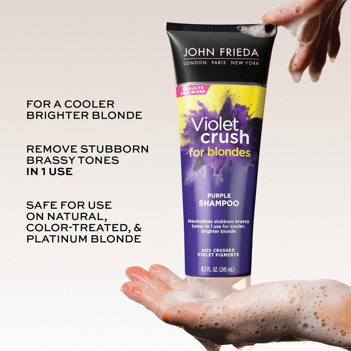 John Frieda 8.3 Ounce Shampoo for Blonde Hair, Violet Crush Purple Shampoo, Neutralizes Brassy Yellow Tones, Blonde Toner for Bleached, Platinum