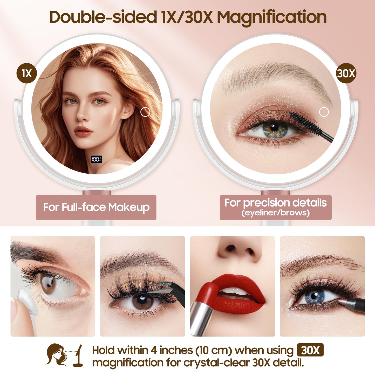 GOMIPURU Makeup Magnifying Mirror with Light 30X/1X, Digital Display, 2-Sided Touch Control, Makeup Mirror with 3 Color Lights,360° Rotate, Height Beauty and Personal Care GOMIPURU