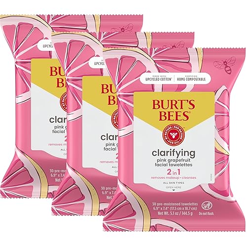 Burt's Bees Pink Grapefruit Face Wipes, for All Skin Types, Hydrating Makeup Remover & Facial Cleansing Towelettes, 30 Ct. (3-Pack) Beauty & Personal Care Burt's Bees