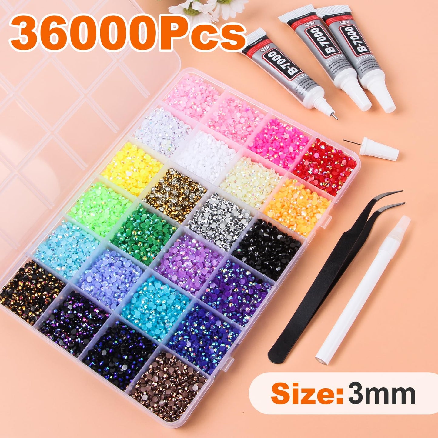 9000Pcs Resin Jelly Rhinestones for Bedazzling, 24 Colors 5mm Flatback Gems for Diamond Art, Bedazzler Kit with 3Pcs 10ml B7000 Jewelry Glue Beauty and Personal Care EGKamh