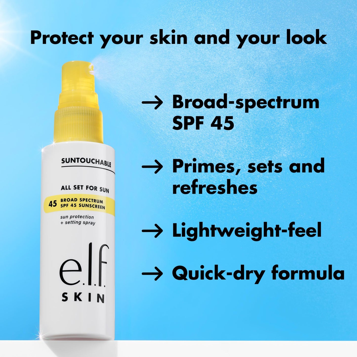 e.l.f. SKIN All Set For Sun SPF 45 Setting Spray, Clear Makeup Setting Mist + Sunscreen, Weightless SPF Face Protection & Makeup-Locking Spray, Vegan Beauty & Personal Care e.l.f.