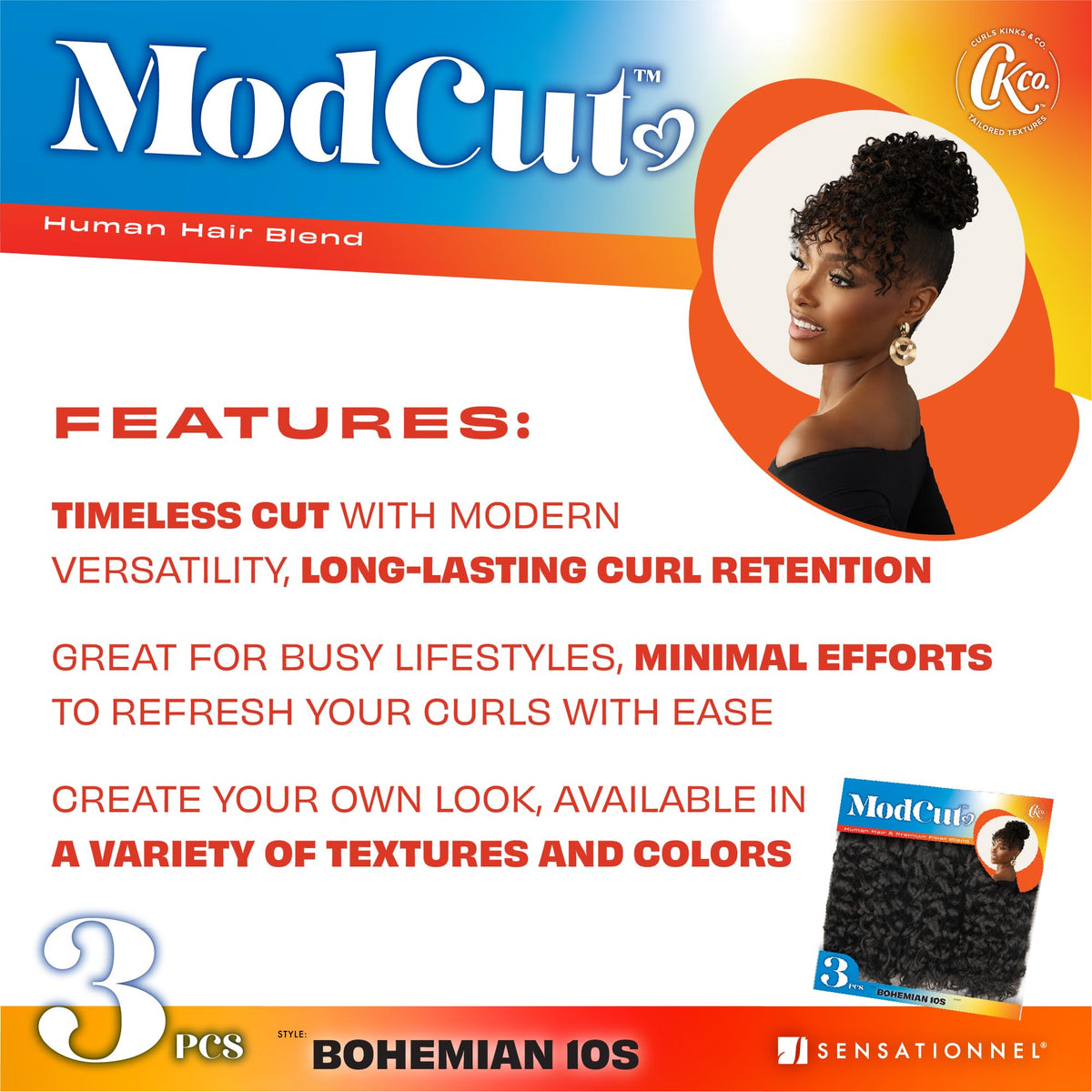 Sensationnel Curls Kinksandco ModCut 3pcs Bundles -Bohemian 10S,1B OFFBLACK