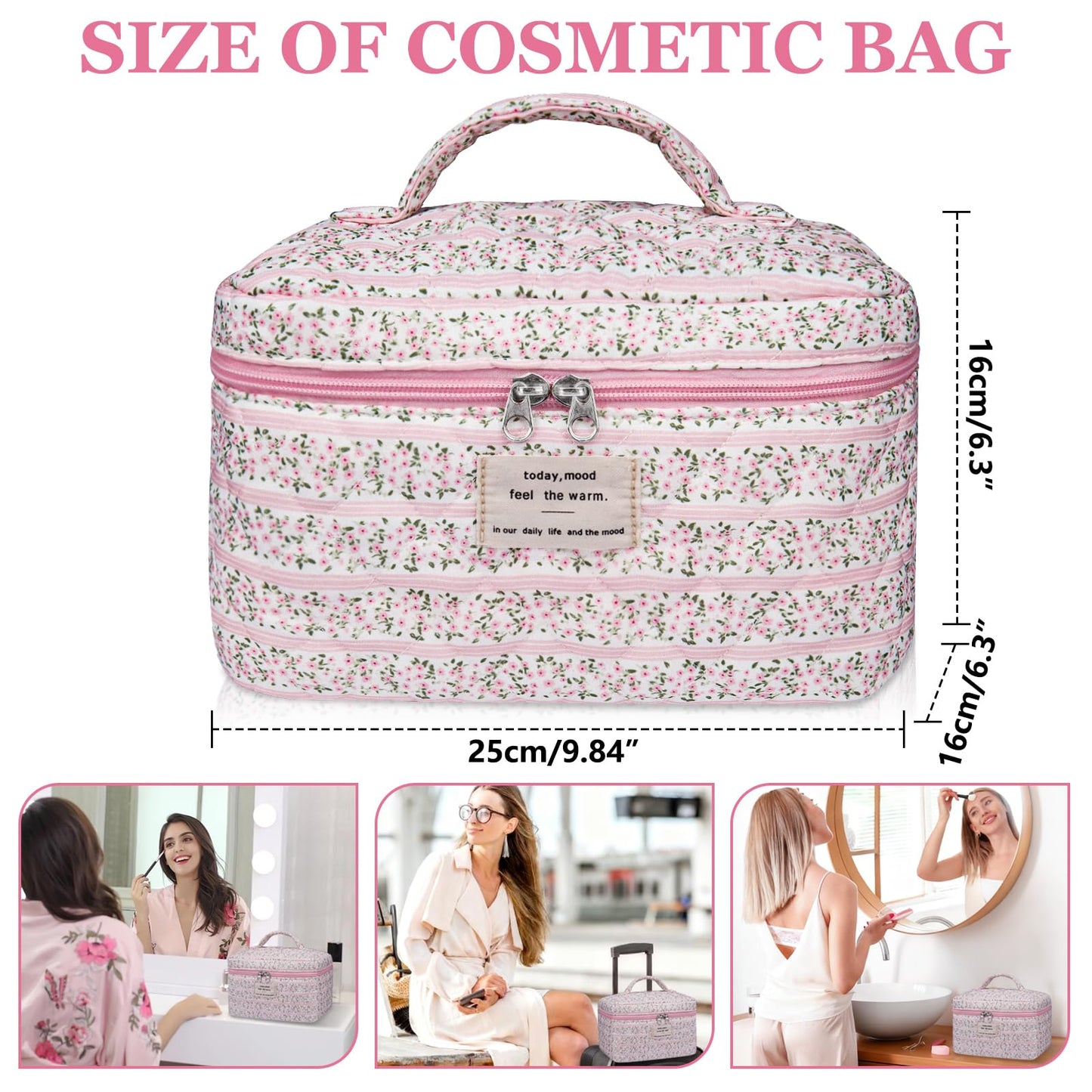 Gosect Large Makeup Bag, Cute Cosmetic Bag for Women Girls, Floral Coquette Aesthetic Toiletry Bag, Travel Make Up Organizer Bag (Rose Plaid Pattern) Beauty and Personal Care Gosect