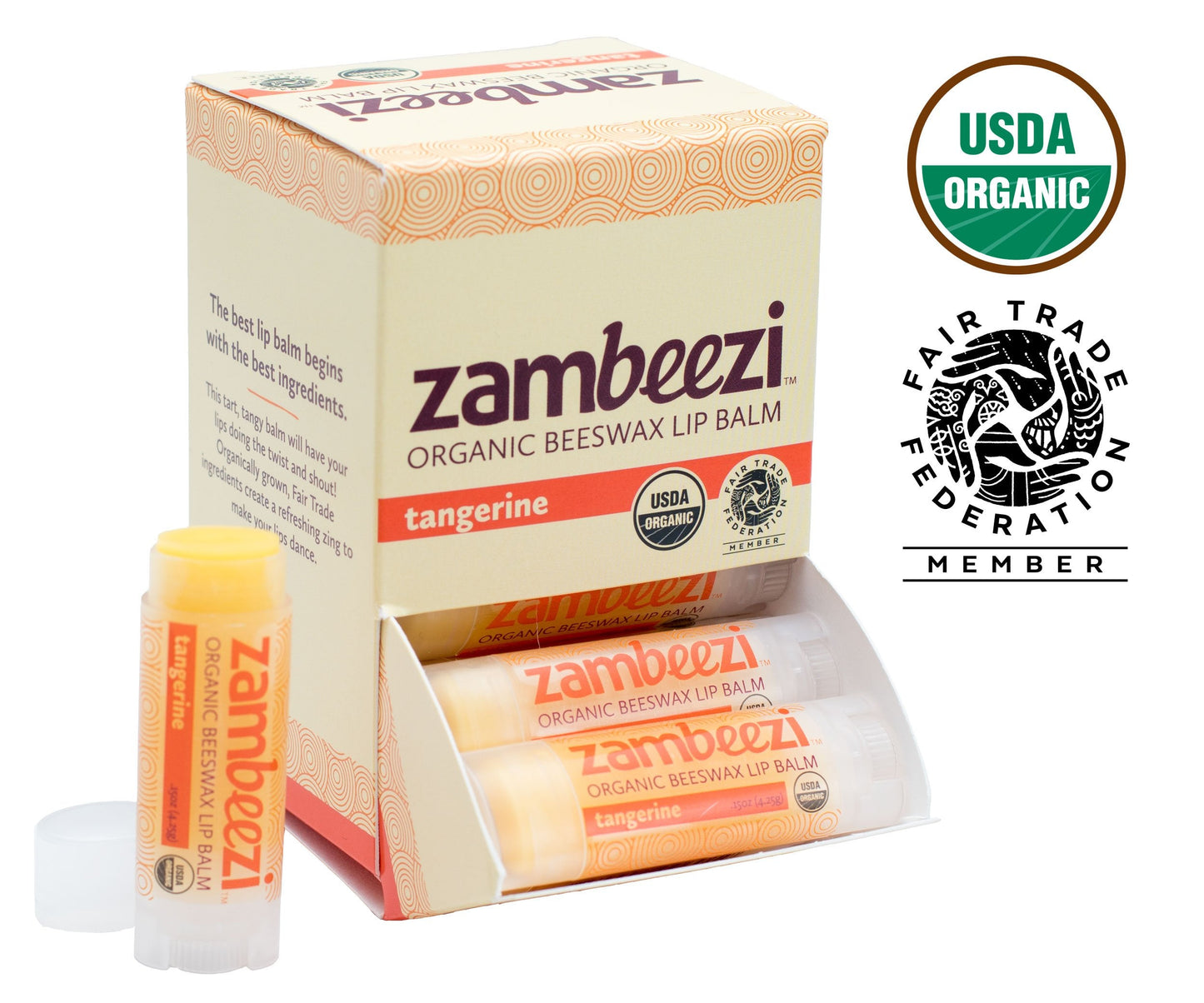 Case of Beeswax Lip Balm by ZAMBEEZI - Tangerine 24-Tube Carton - Crafted with USDA Organic, Fair Trade, Lip Refreshing Ingredients from Zambia Beauty and Personal Care Zambeezi