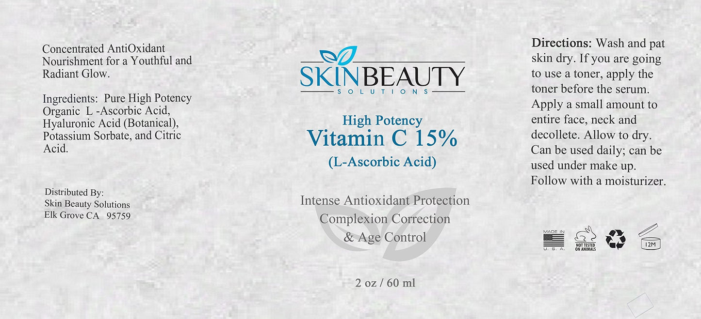 (2 oz) VITAMIN -C 15% Anti-Oxidant- Organic (L-Ascorbic Acid) plus Vegan Hyaluronic Acid -Professional Strength for Anti-Aging, Sun damage, Sun Spots Beauty & Personal Care Skin Beauty Solutions