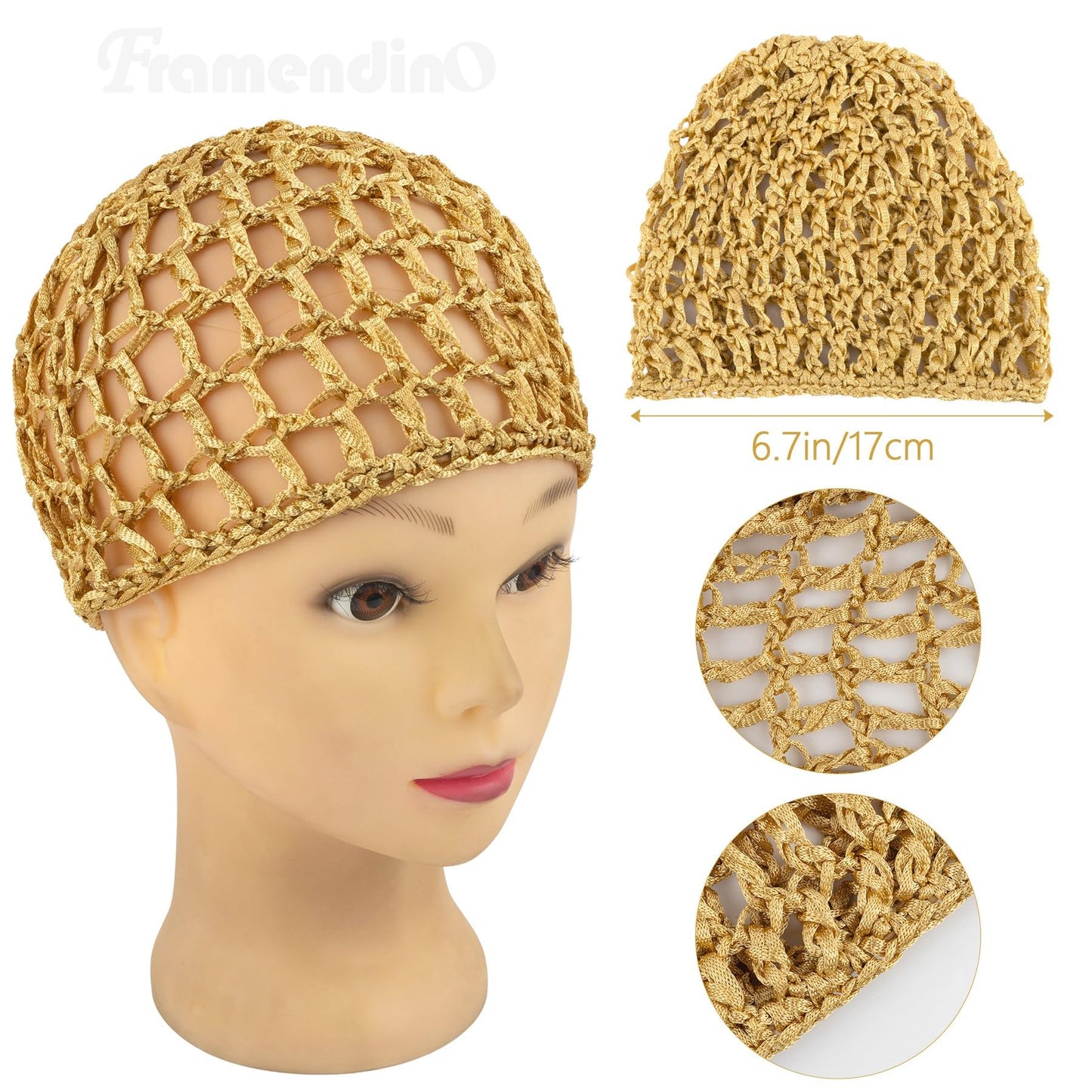 Framendino, 4 Pack Mesh Crochet Hair Net Rayon Knit Snoods Hat Thick Hairnet Snood Cover Ornament for Night Sleeping Accessories (4 Colors) Beauty and Personal Care Framendino