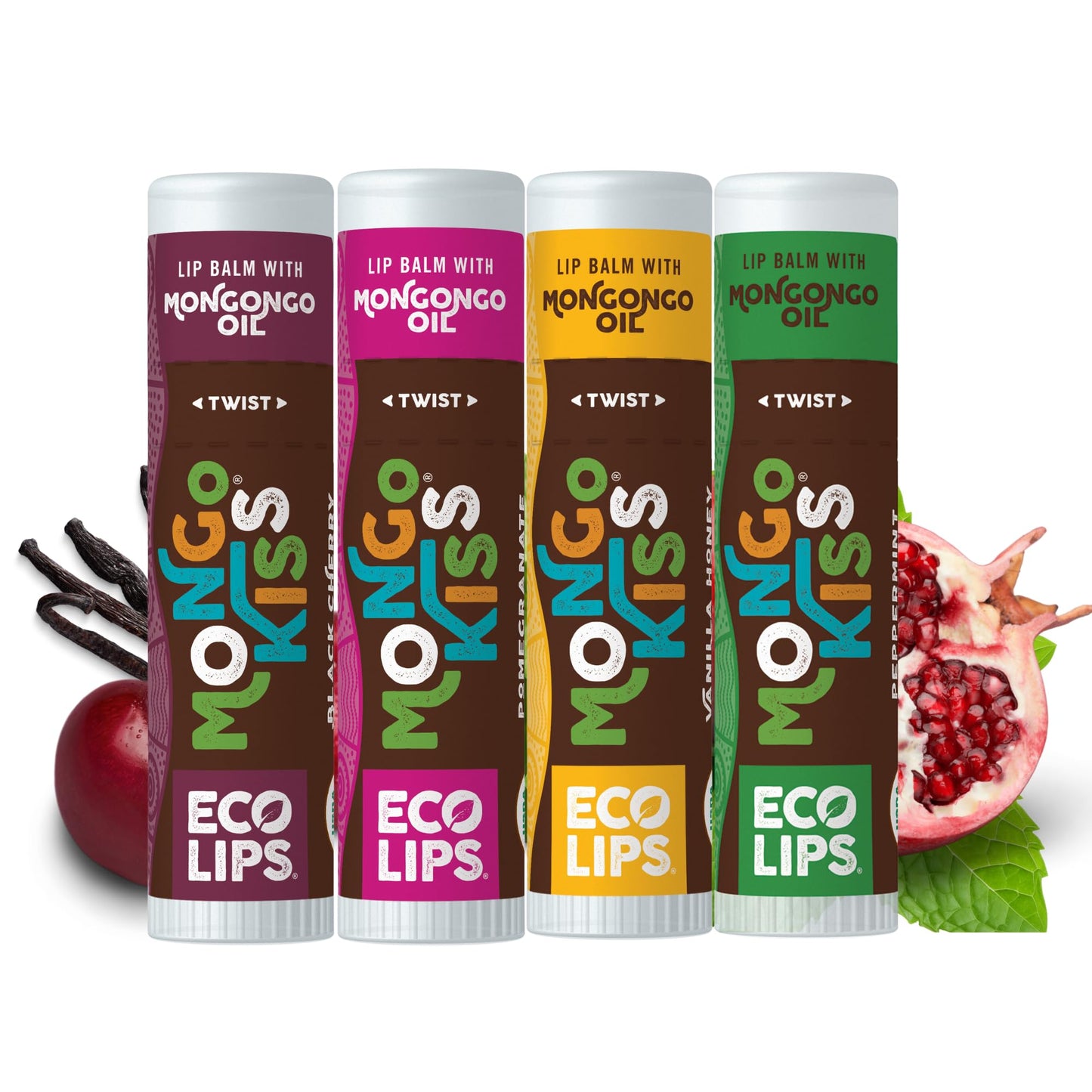 Eco Lips Mongo Kiss Organic Lip Balm 4 Pack Peppermint, Pomegranate, Vanilla Honey, Black Cherry - 100 Percent USDA Organic - Soothe, Moisturize Dry Beauty & Personal Care Eco Lips