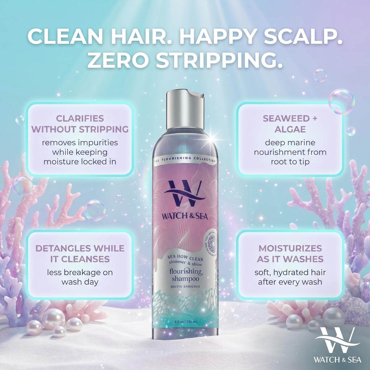 Watch & Sea Shimmer & Shine Flourishing Shampoo - “Sea How Clean” Hydrating Shampoo for Curly Hair with Seaweed and Sea Kelp - Great for Everyday Use