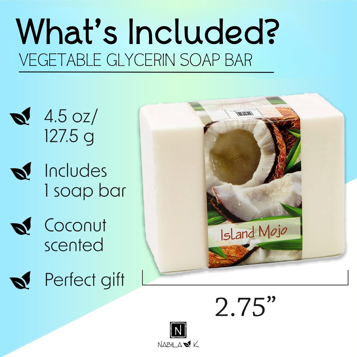 Nabila K Island Mojo Glycerin Bar Soap | Rich Coconut Scent | Natural, Vegan, Hypoallergenic | 100% Vegetable Glycerin, Sulfate-Free, Paraben-Free | Beauty & Personal Care Nabila K