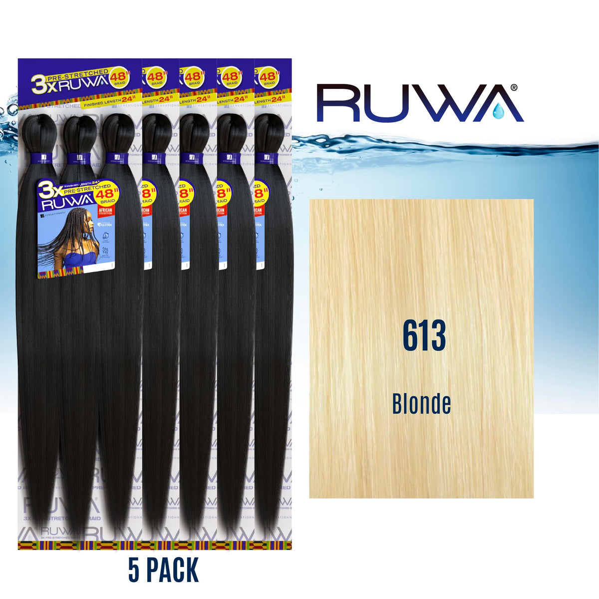 Sensationnel Ruwa Prestretched Braiding Hair-3X 48 Inch,5 pack 613 BLONDE