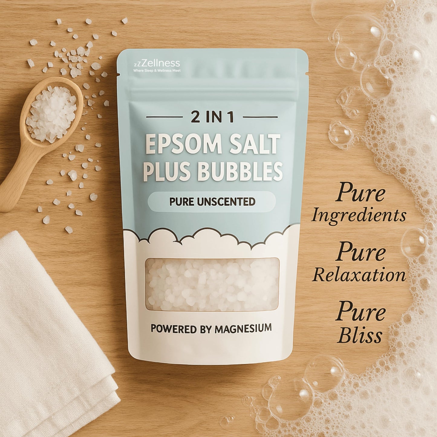 ZZZELLNESS Epsom Salt Plus Bubbles - Pure Unscented Foaming Bath Soak - Magnesium Sulfate for Muscle Recovery, Stress Relief & Relaxation - Great Beauty and Personal Care ZZZELLNESS