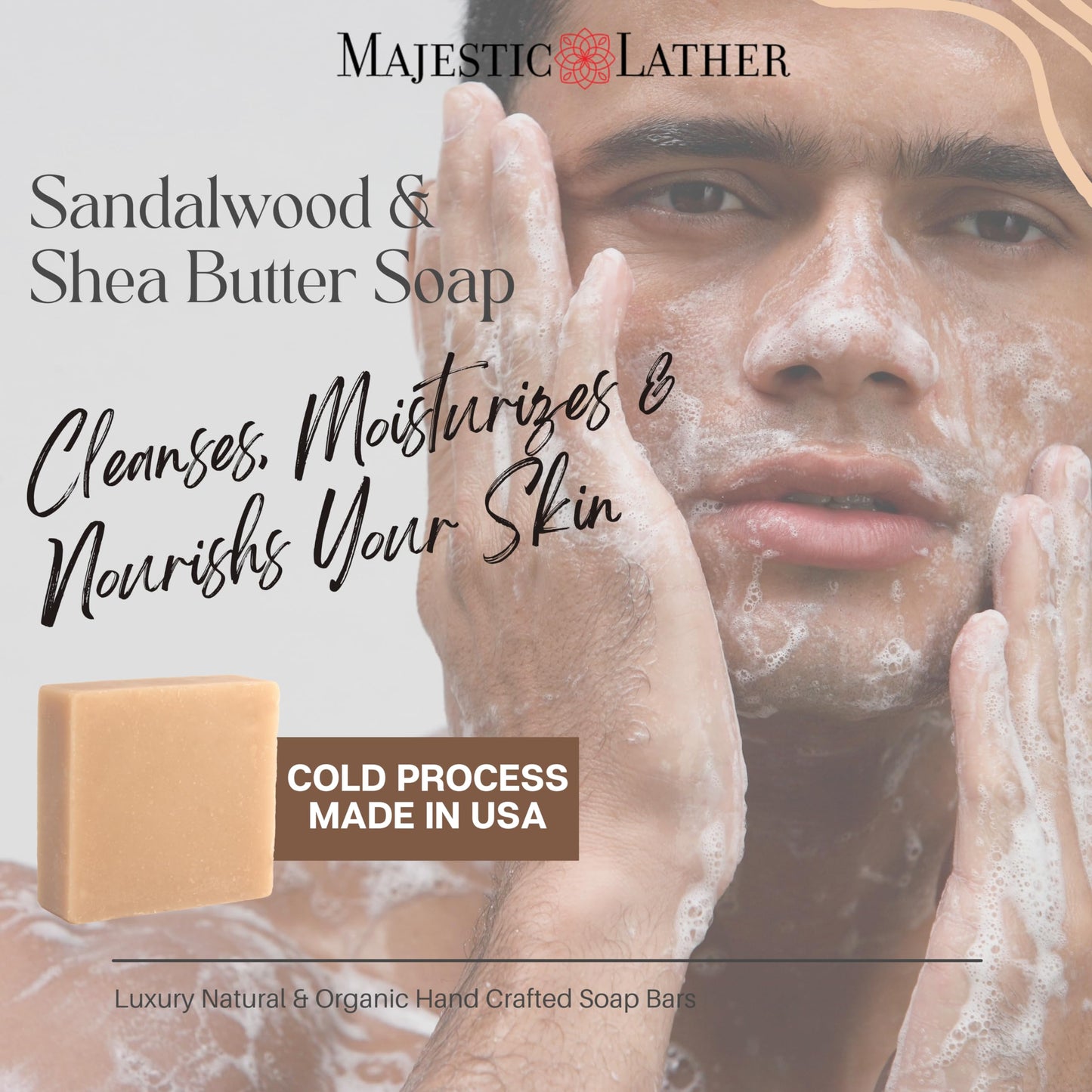 Sandalwood Luxury Bar Soap for Face & Body - Skin Soothing, Gentle Cleansing, Moisturizing & Nourishing. Shea Butter & Natural Oils. Cold Process Beauty & Personal Care Majestic Lather