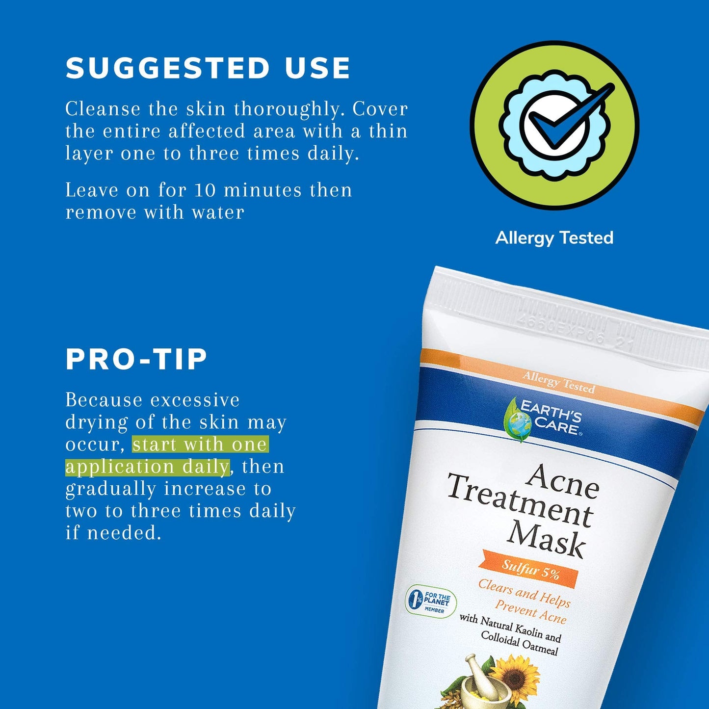 Earth's Care Acne Treatment Mask - 5% Sulfur Cystic Acne Treatment - Acne Medicine for Face Pimples and Blackheads (Tube 2.5 OZ) Beauty & Personal Care Earth's Care