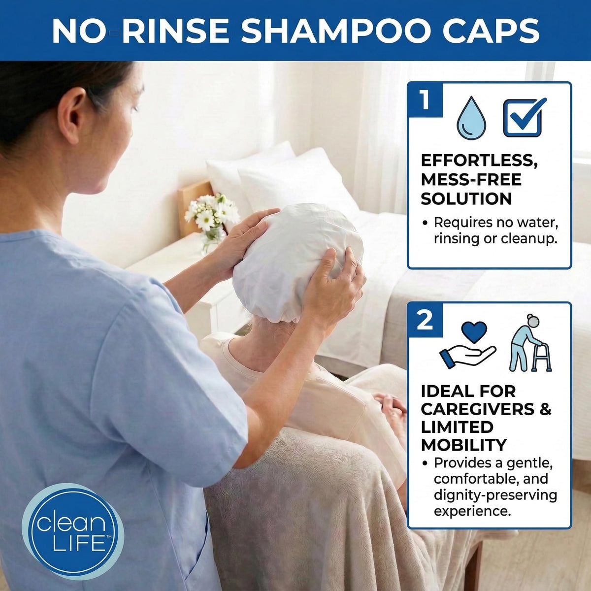 No-Rinse Cleanlife Products Shampoo Cap (2 Pack) - Waterless, Rinse Free Hair Washing and Conditioning Shower Caps for Bathing Elderly, Bedridden,