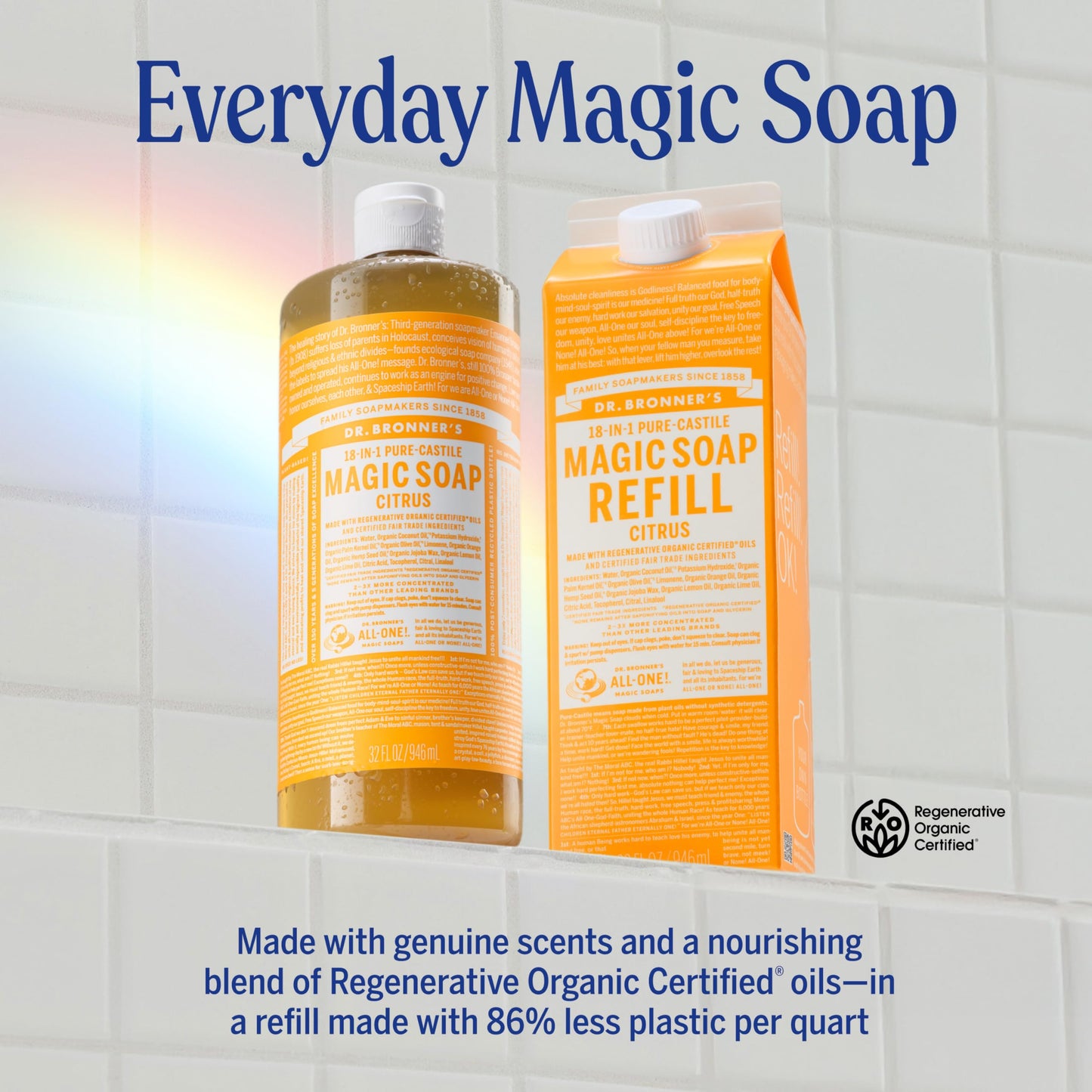 Dr. Bronner's Magic Soap-Pure-Castile Liquid Refill (Citrus, 32 ounce, 1-Pack) - Made with Regenerative Organic Certified Oils, For Body, Hair Beauty & Personal Care Dr. Bronner's