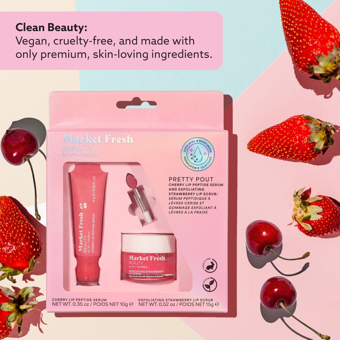 Market Fresh Beauty Lip Peptide Treatment - with Exfoliating Strawberry Scrub and Cherry Serum - for Hydrating, Plumping, Clean Beauty Lip Care Beauty and Personal Care Market Fresh Beauty