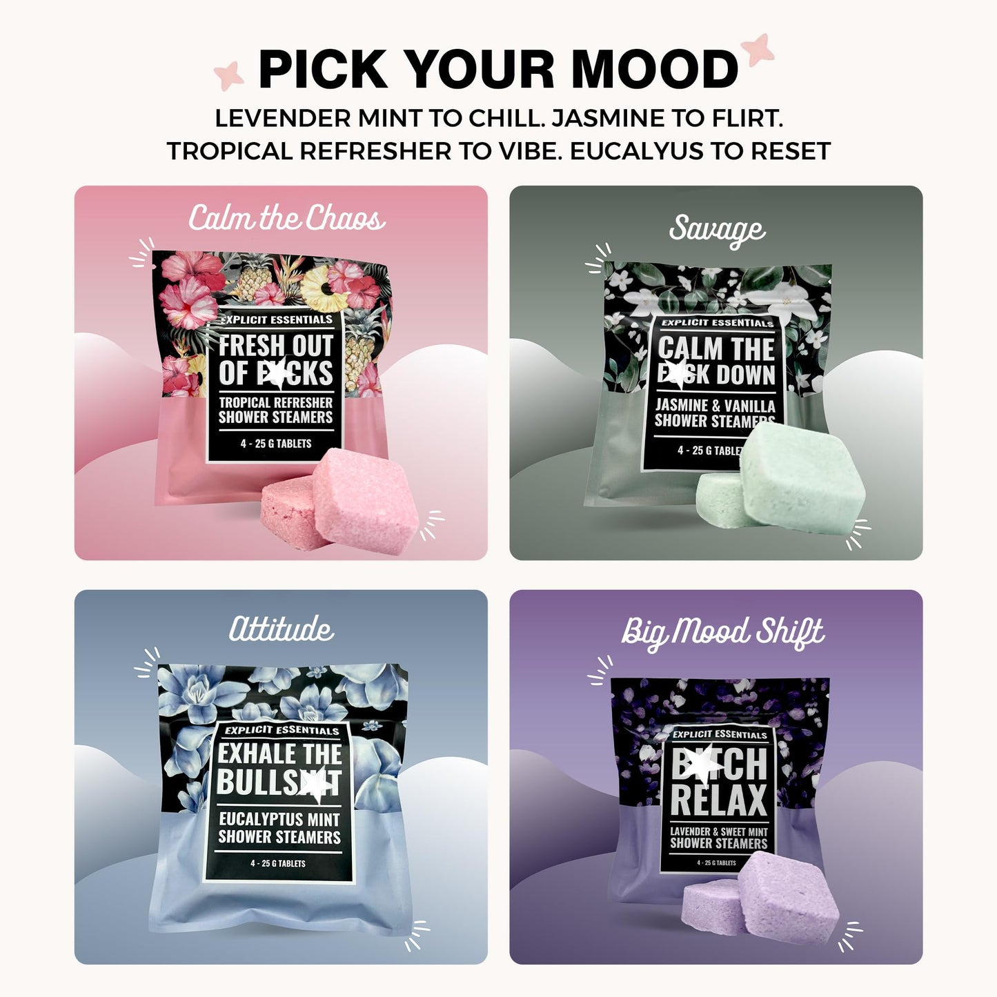 Explicit Essentials Shower Steamers Gift Set - 4 Funny Handmade Aromatherapy Shower Bombs - Relaxation & Stress Relief Spa Gift for Self-Care Beauty and Personal Care Explicit Essentials