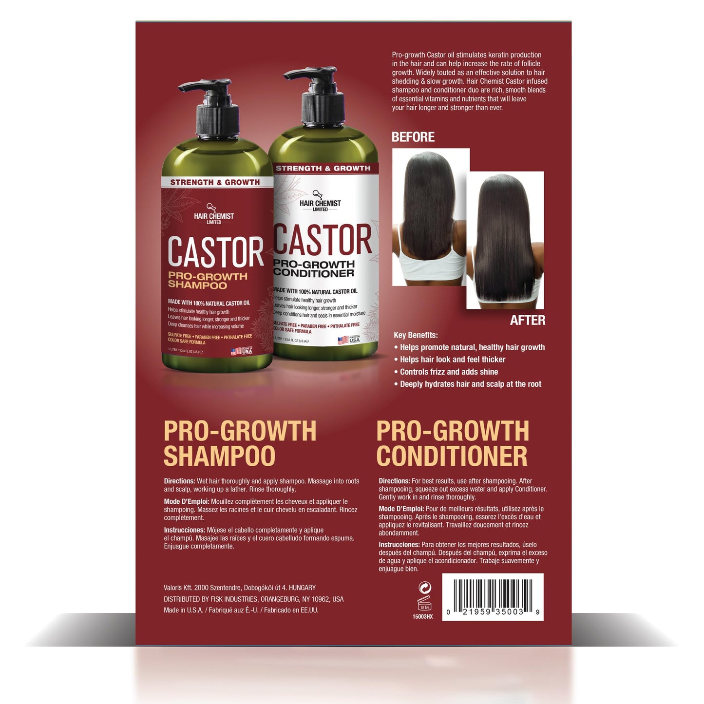 Hair Chemist Castor Pro-Growth Shampoo 33.8 oz. AND Conditioner 33.8 oz. 2-PC Boxed Gift Set - Made with Natural Castor Oil for Hair Growth, Sulfate Beauty & Personal Care Hair Chemist
