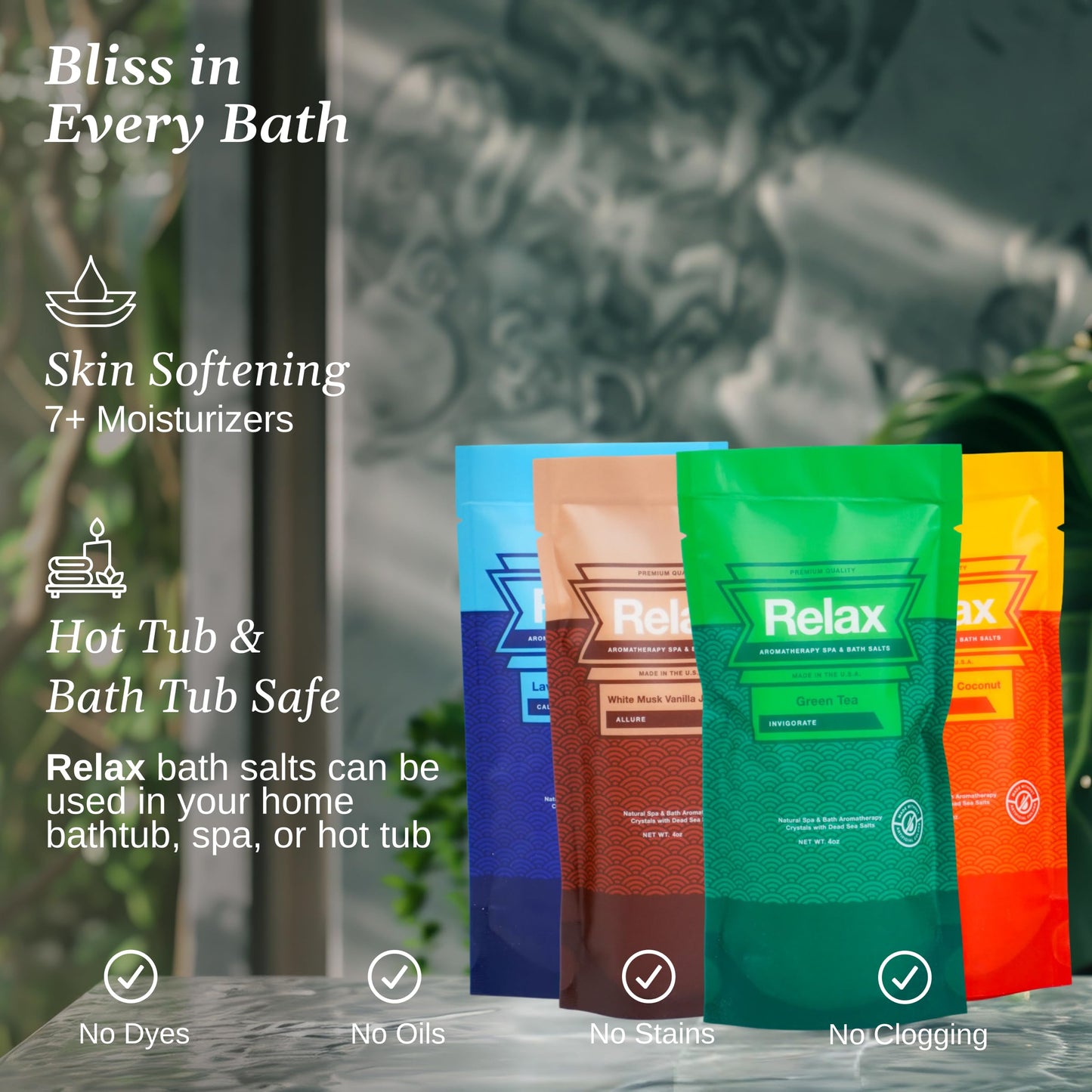 Relax Spa & Bath Aromatherapy Variety Pack Bath Salts for Hot Tub, Bath, or Spa, Four 4oz Bags Infused with Magnesium, Bath Salt for Soaking, Escape Beauty and Personal Care Relax Spa & Bath