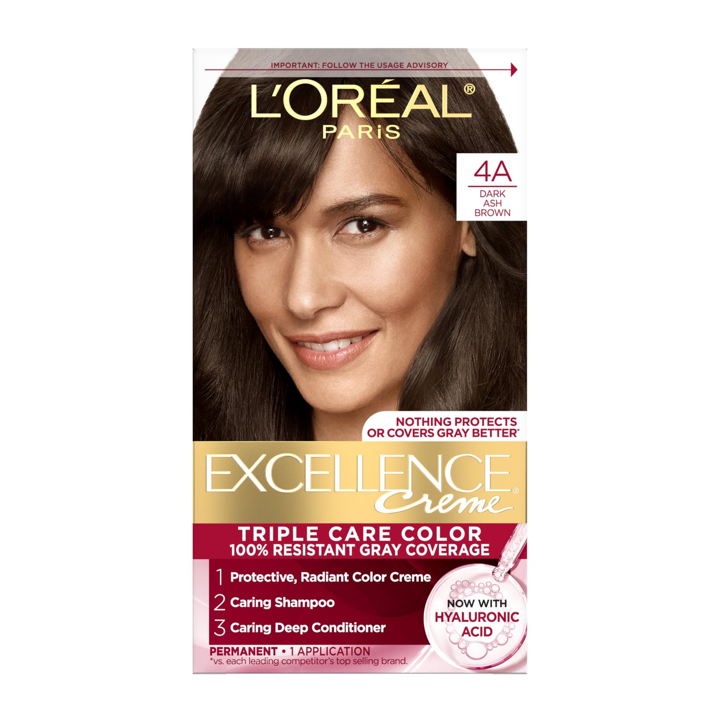 L'Oreal Paris Excellence Crème Permanent Hair Dye, Triple Care Hair Color with Hyaluronic Acid for 100% Gray Coverage, 4A Dark Ash Brown, 1 Kit Beauty & Personal Care L'Oreal Paris