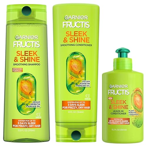Garnier Fructis Sleek & Shine Shampoo, Conditioner + Leave-In Conditioer Set for Frizzy, Dry Hair, Plant Keratin + Argan Oil (3 Items), 1 Kit Beauty & Personal Care Garnier
