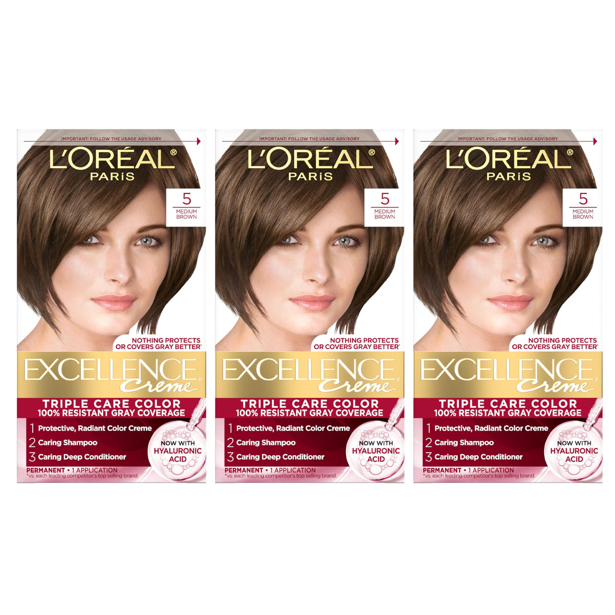 L'Oreal Paris Excellence Crème Permanent Hair Dye, Triple Care Hair Color with Pro-Keratine Complex for 100% Gray Hair Coverage, 5 Medium Brown, 1 Kit Beauty & Personal Care L'Oreal Paris
