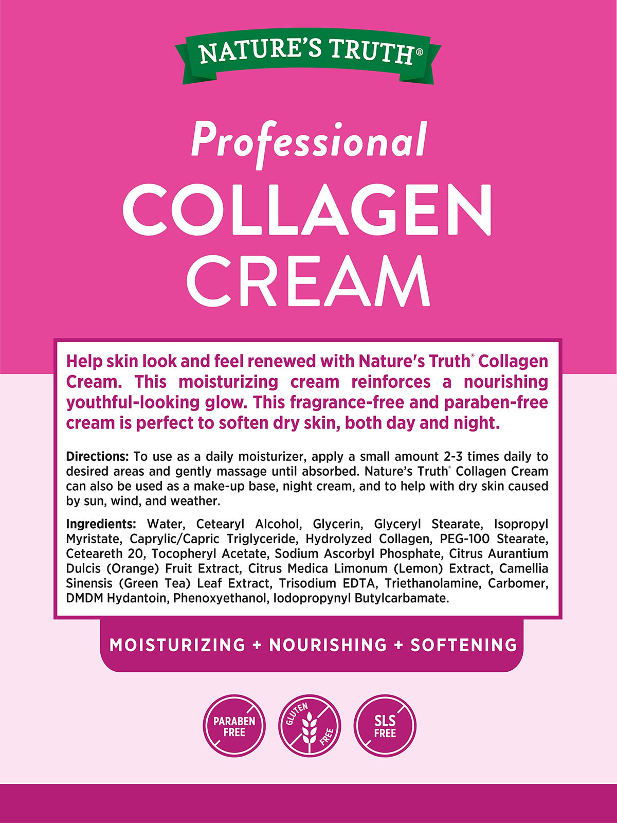 Nature's Truth Nourishing Collagen Cream | 4 oz | Professional Strength | Paraben & SLS Free, Gluten Free | For Face and Body Beauty & Personal Care Nature's Truth