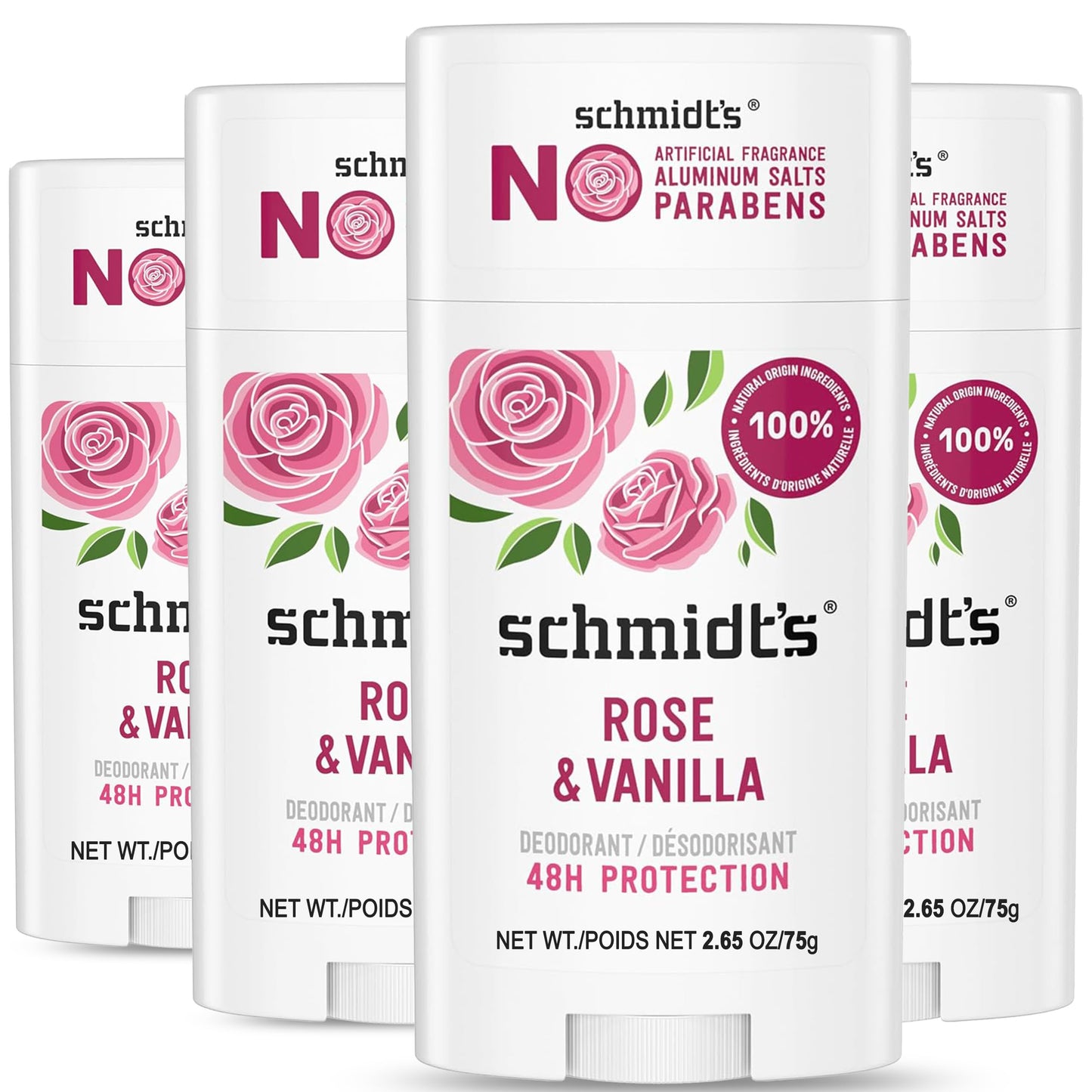 Schmidt's Aluminum-Free Vegan Deodorant Rose & Vanilla, 4 Pack, 24 Hour Odor Protection, Stick Deodorant for Women and Men with Natural Ingredients Beauty and Personal Care Schmidt's
