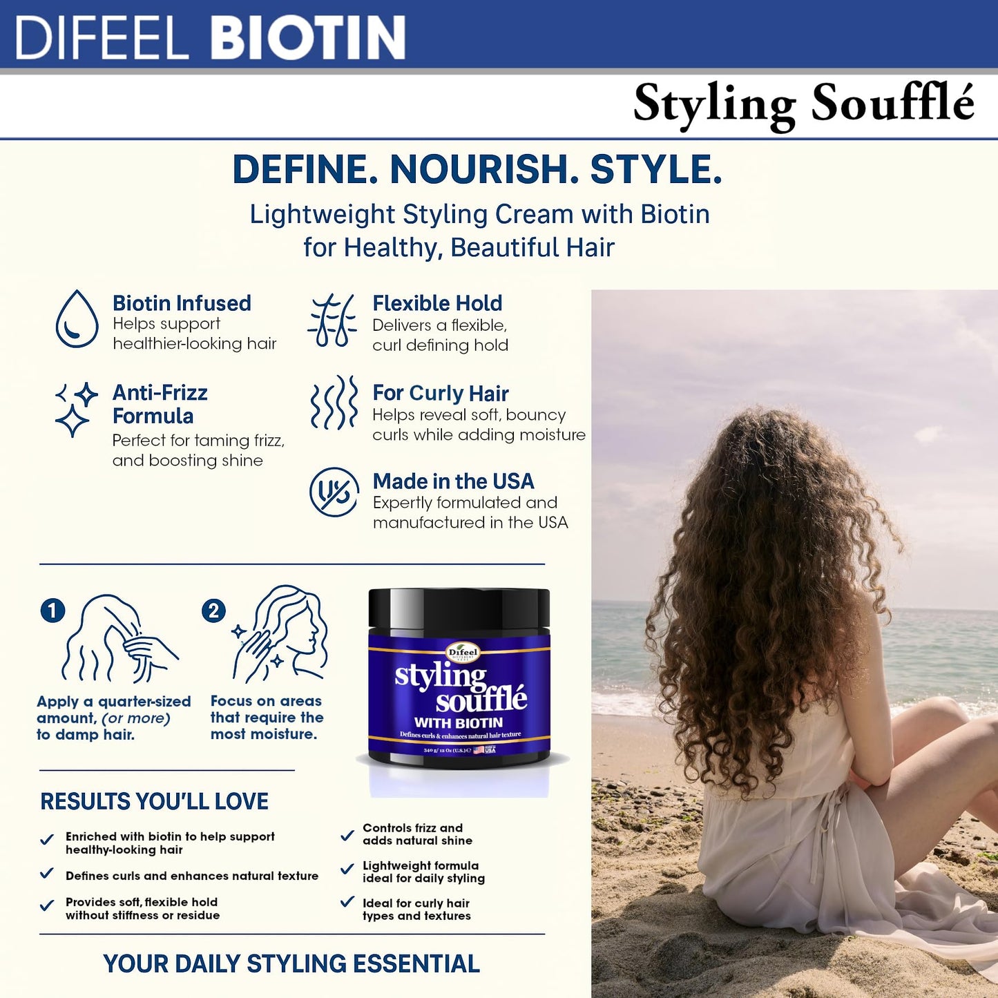 Difeel Curl Defining Styling Soufflé with Biotin 12 oz. - Nourishing Curl Defining Souffle for Wavy Hair, Curly Hair & Coils Beauty & Personal Care Difeel