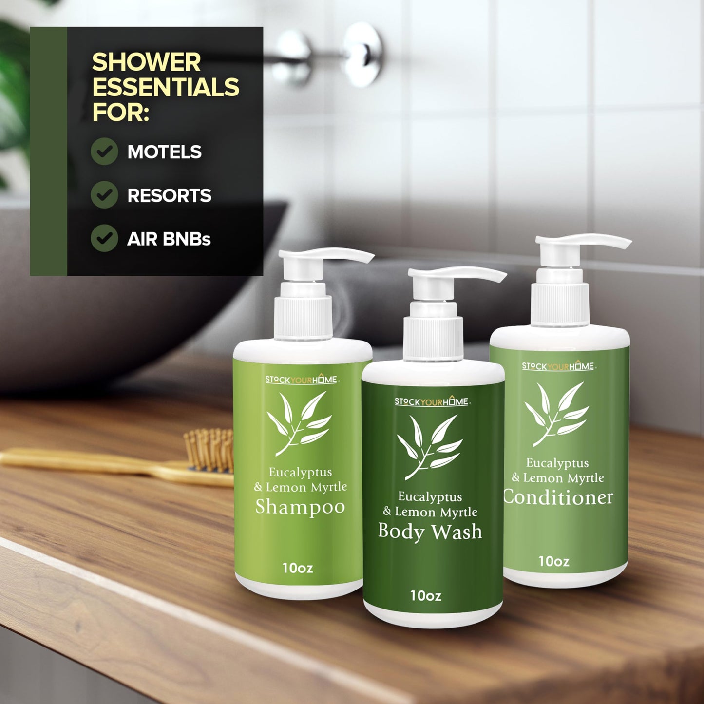 Shower Essentials Set for Men and Women, 3 Piece Shampoo Conditioner and Body Wash Set, 10 oz Bottles, Guest Bathroom Toiletries for Hotels Beauty & Personal Care Stock Your Home