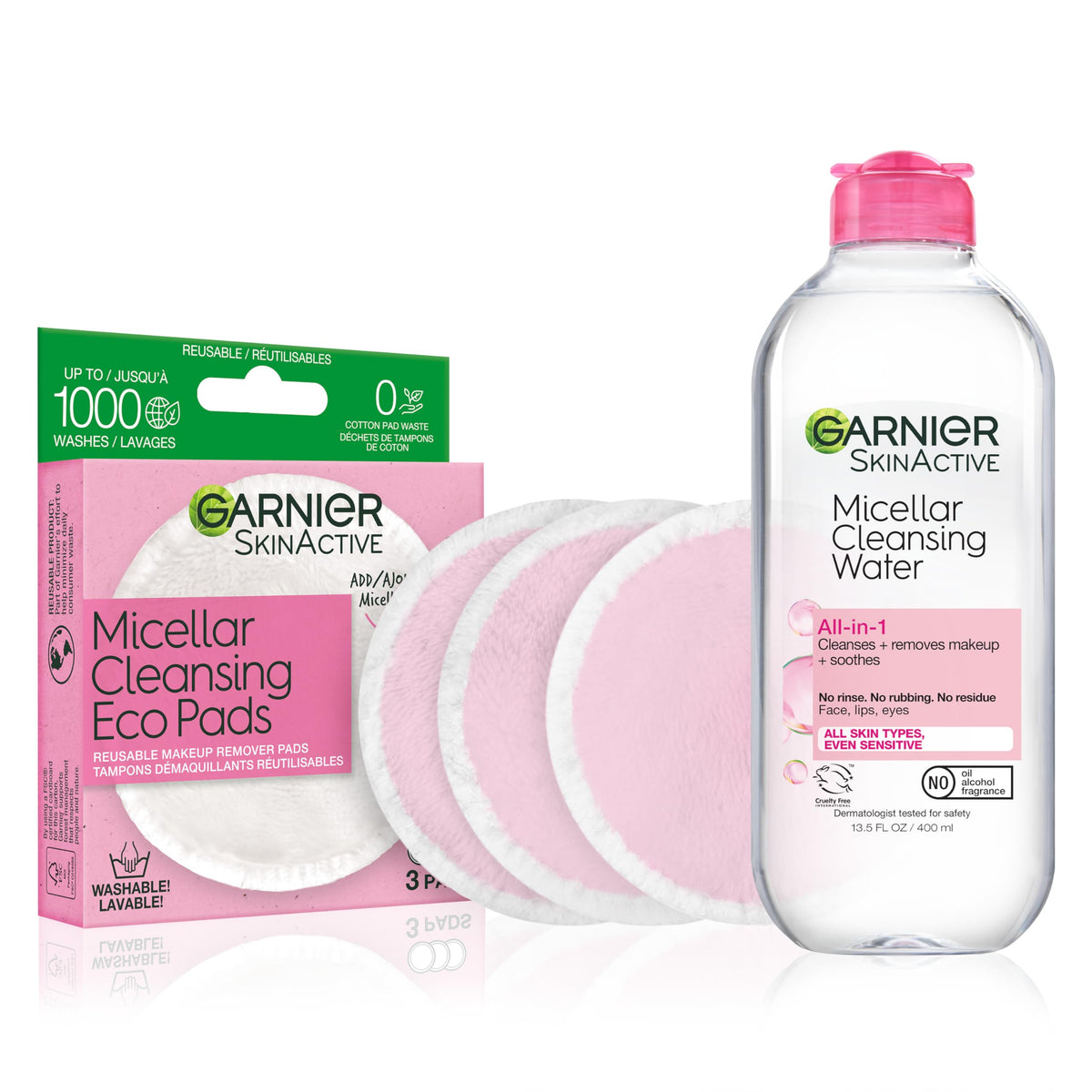 Garnier Micellar Water and Eco Pad Starter Kit, All-In-1 Facial Cleanser & Makeup Remover and 3 Piece Reusable Makeup Remover Pads Set