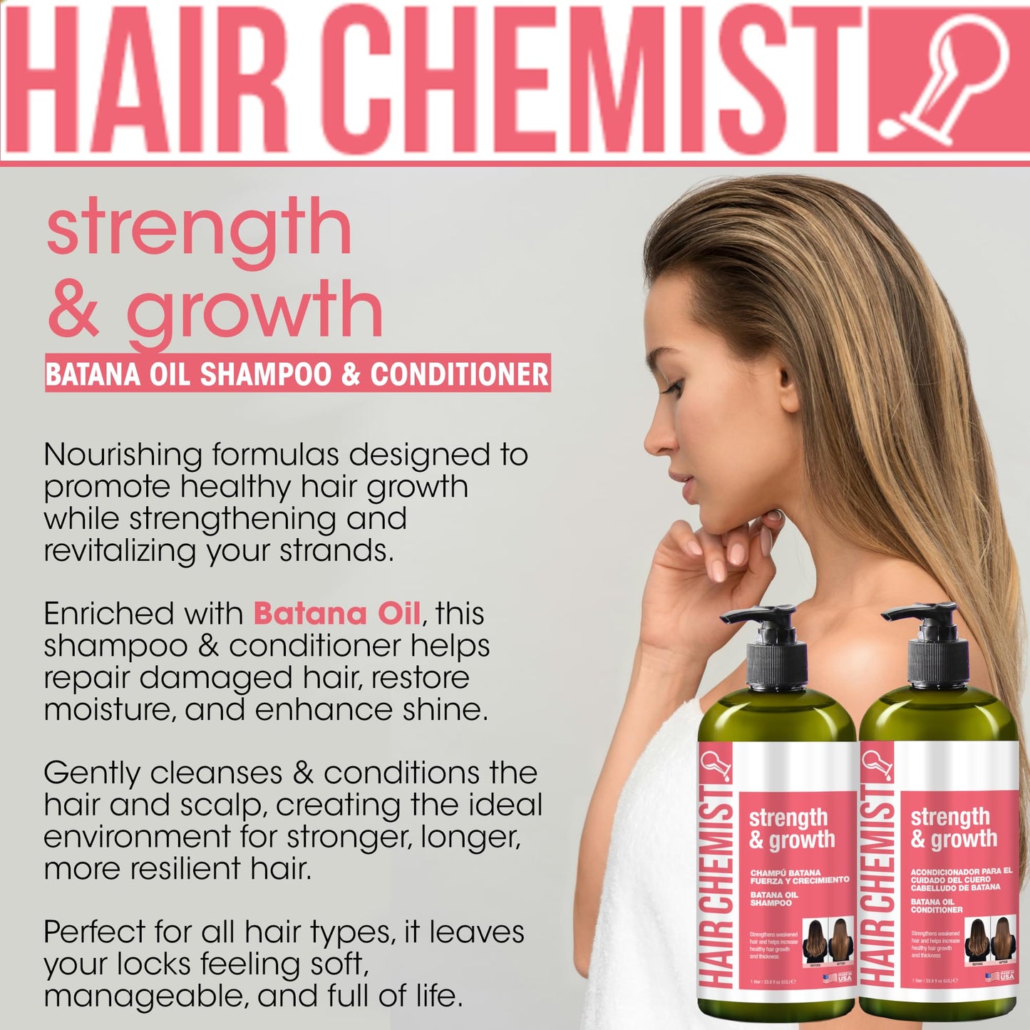 Hair Chemist Strength & Growth Batana Oil Shampoo and Conditioner Set 33.8 oz. (2-PC Set) - Batana Shampoo and Conditioner for Hair Growth, Thickening Beauty & Personal Care Hair Chemist