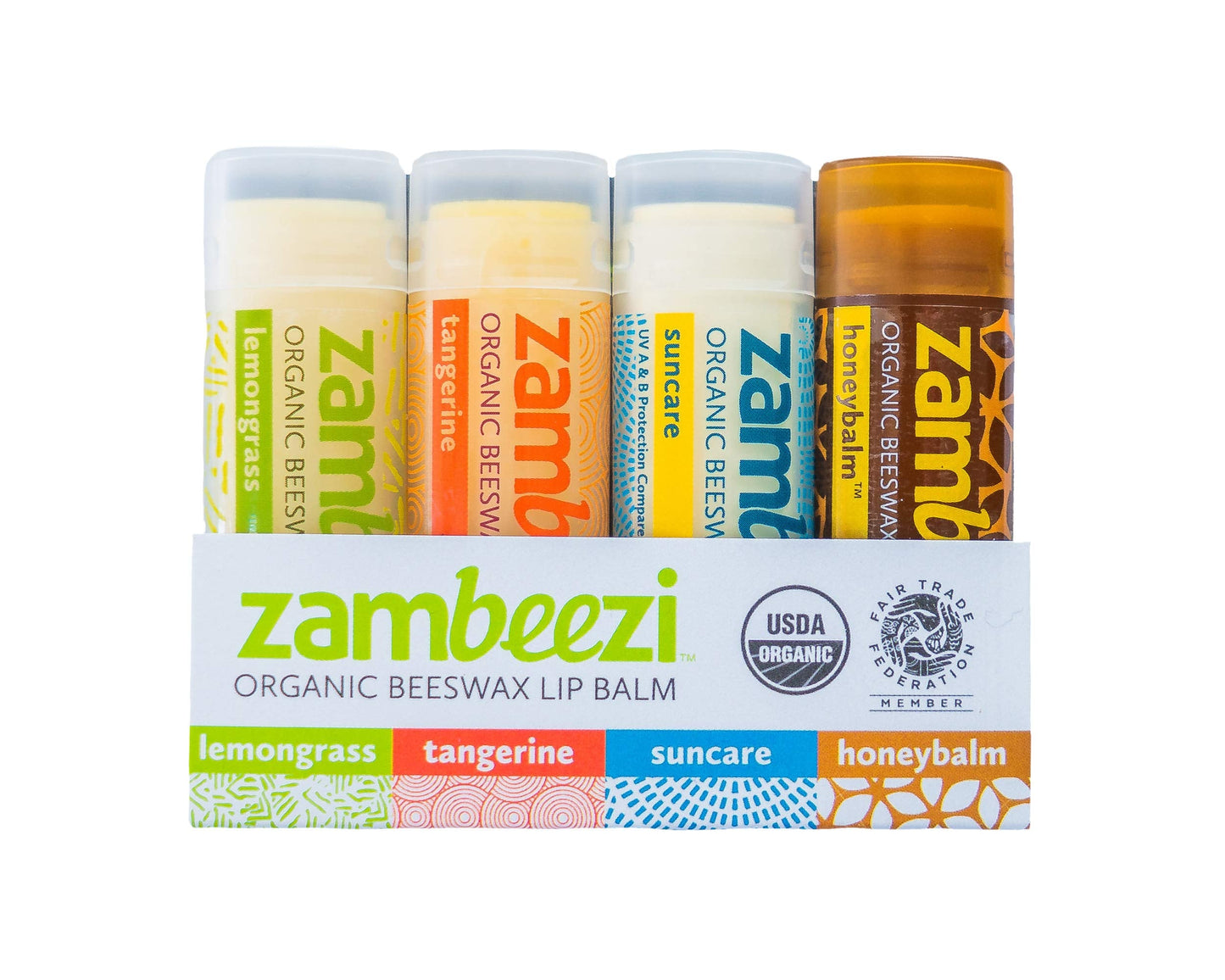 ZAMBEEZI Fair Trade, Organic Beeswax Lip Balm - Variety 4 Pack (Lemongrass, Tangerine, Suncare and Honeybalm) - Ethically Sourced Beauty and Personal Care Zambeezi