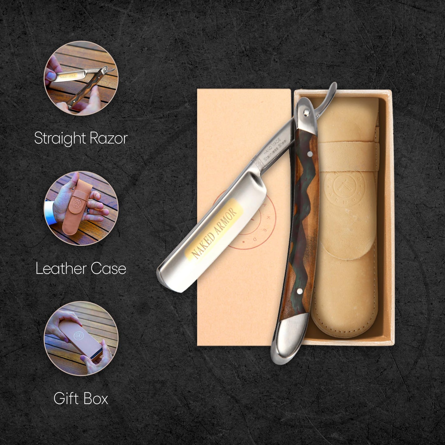 Naked Armor Meliant Straight Razor for Beginners - Shave Ready 7/8" Round Nose Japanese Stainless Steel Straight Edge Razor, Olive Wood Scale, Leather Beauty and Personal Care Naked Armor