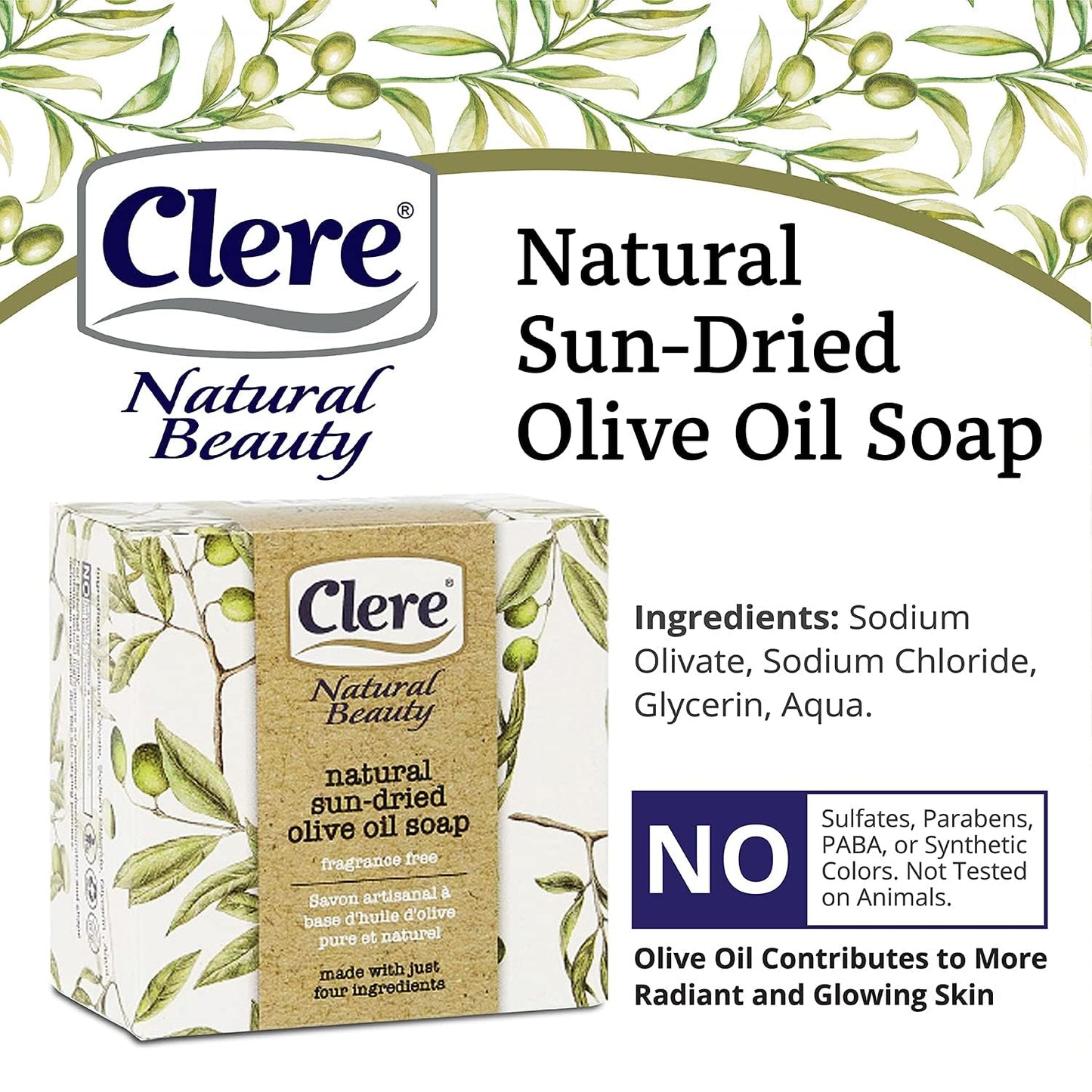 CLERE Natural Olive Oil Soap Bar - Handmade with 100% Natural Ingredients Gentle & Fragrance-Free, 200 Grams - Pack of 6 Beauty & Personal Care CLERE