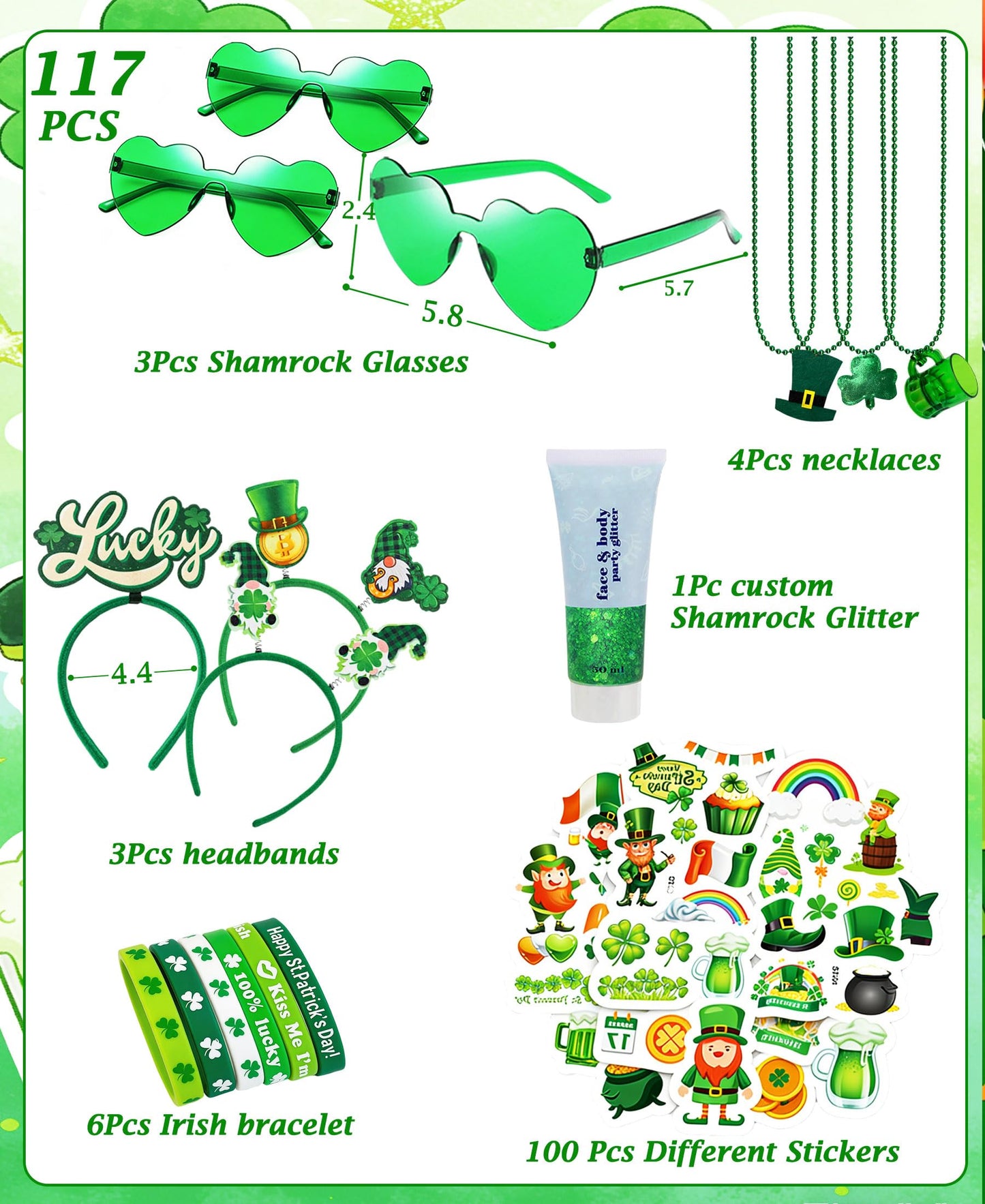 QVAIVE 117 Pcs St Patricks Day Accessories Party Favor Set with Custom Shamrock Glitter Gel,Glasses,Headbands,Bracelets,Necklaces for Irish Parades Beauty & Personal Care QVAIVE