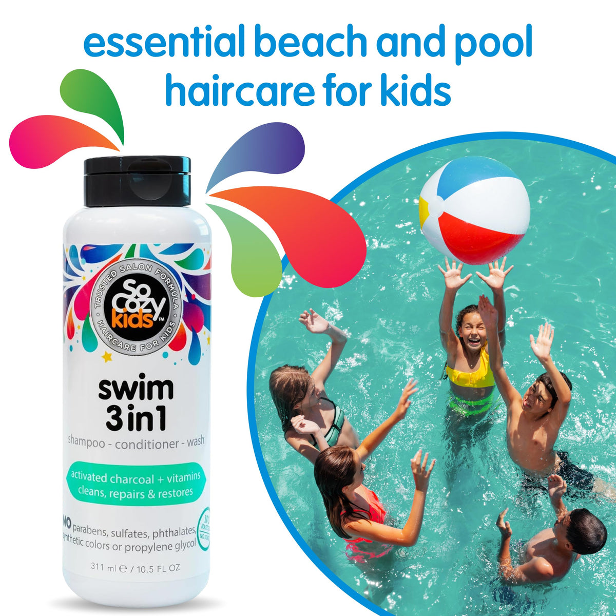 SoCozy Splash Swim 3 in 1 Shampoo + Conditioner + Wash, 10.5 Ounce ( Pack May Vary )