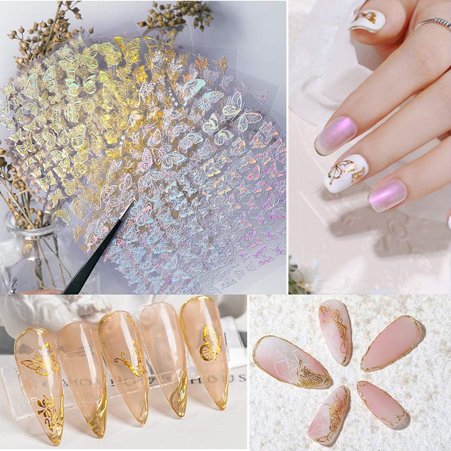 8 Sheets Butterfly Nail Adhesive Sticker - Laser Craft Glitter Gold and Silver Shapes for Art Design and Decoration - 3D Luxury Foils for Acrylic Beauty & Personal Care TBRZTR