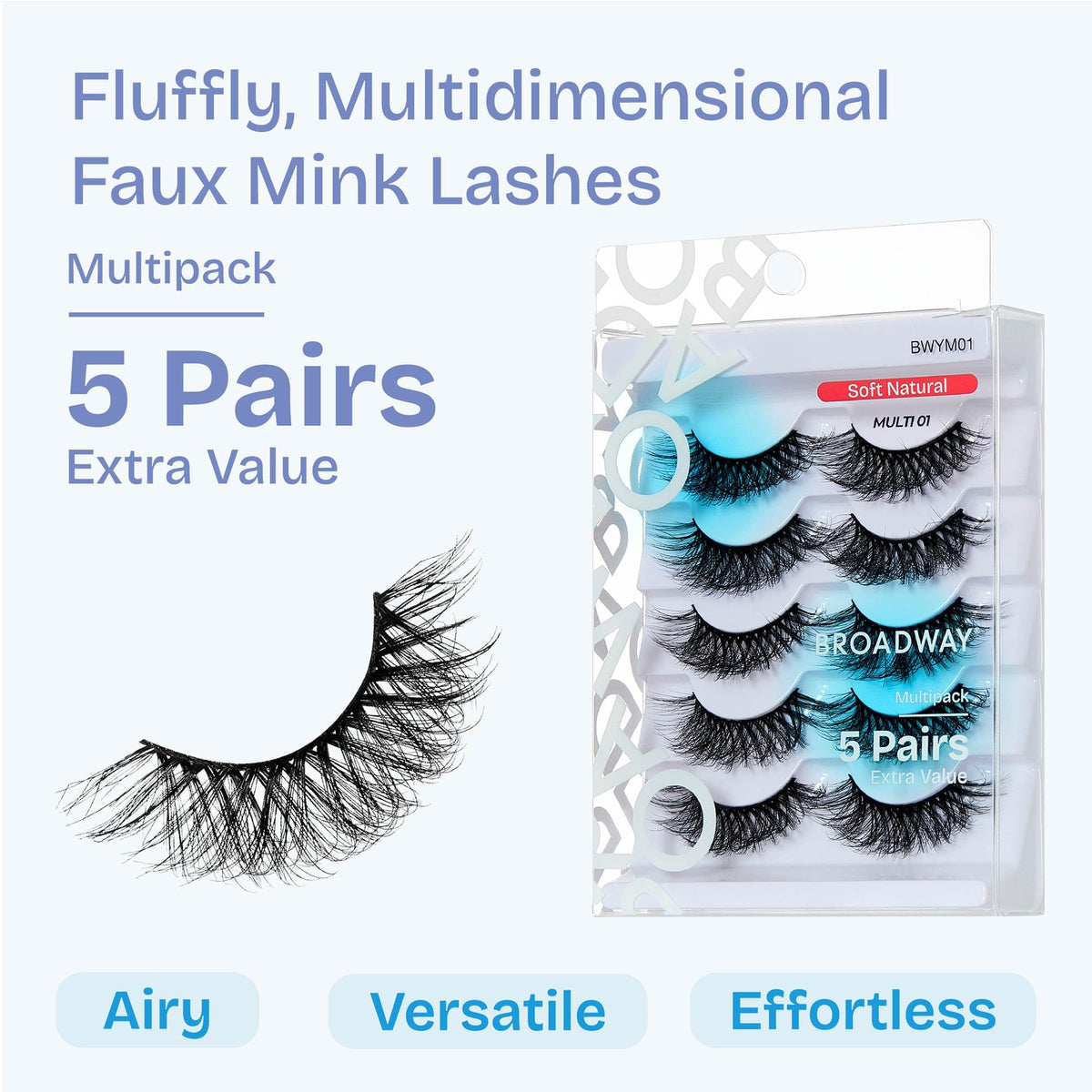 Broadway False Lashes Multipack, Faux Mink Wispy Volume Strip Eyelashes, Natural Look for Daily & Glam Wear, 5 Pairs Fluffy & Lightweight Cat Eye