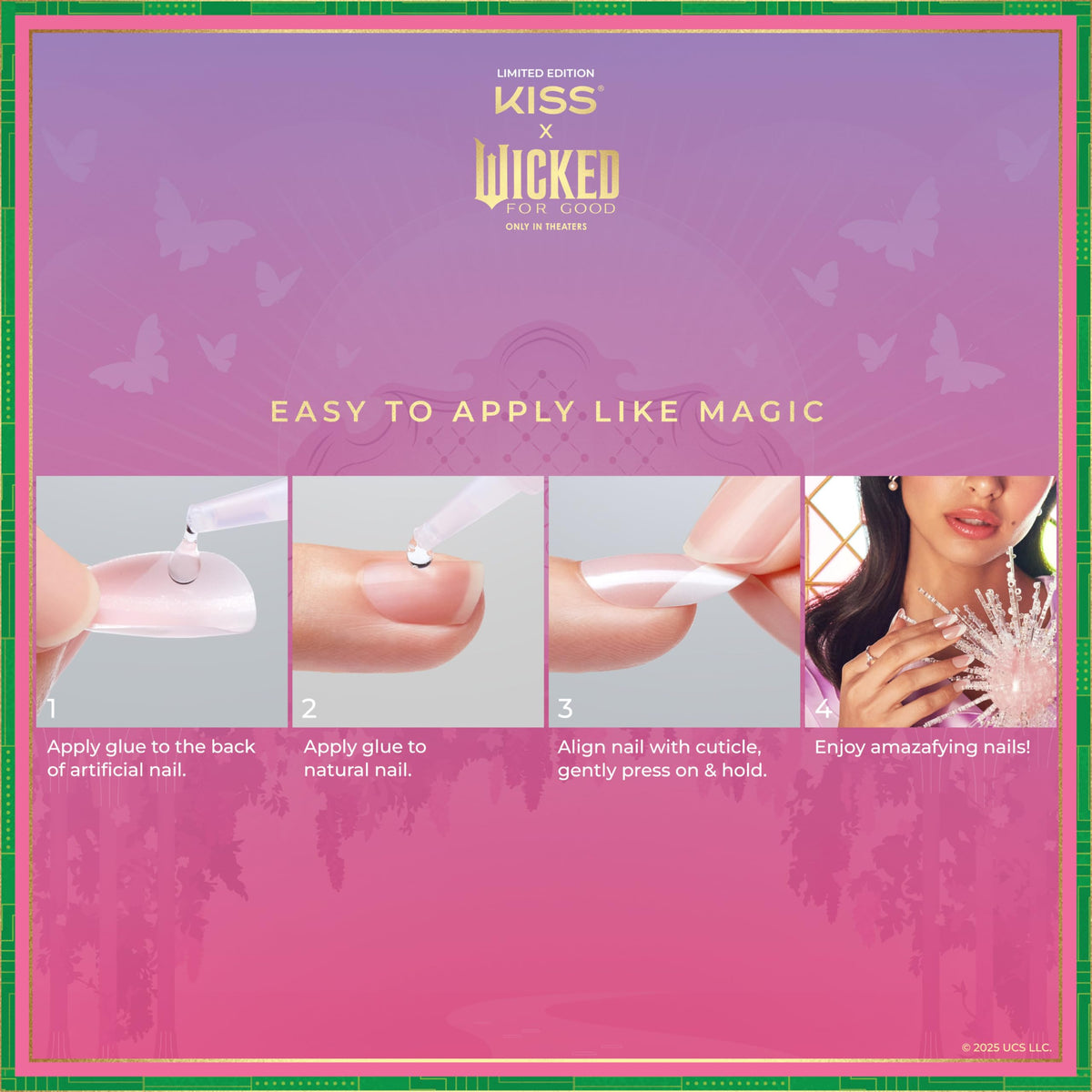 KISS X WICKED: FOR GOOD Press On Nails, ‘Bubble Of Brilliance’, Purple, Medium Oval, Waterproof, Chip Proof, Smudge Proof, 28 Fake Nails, Pink Gel