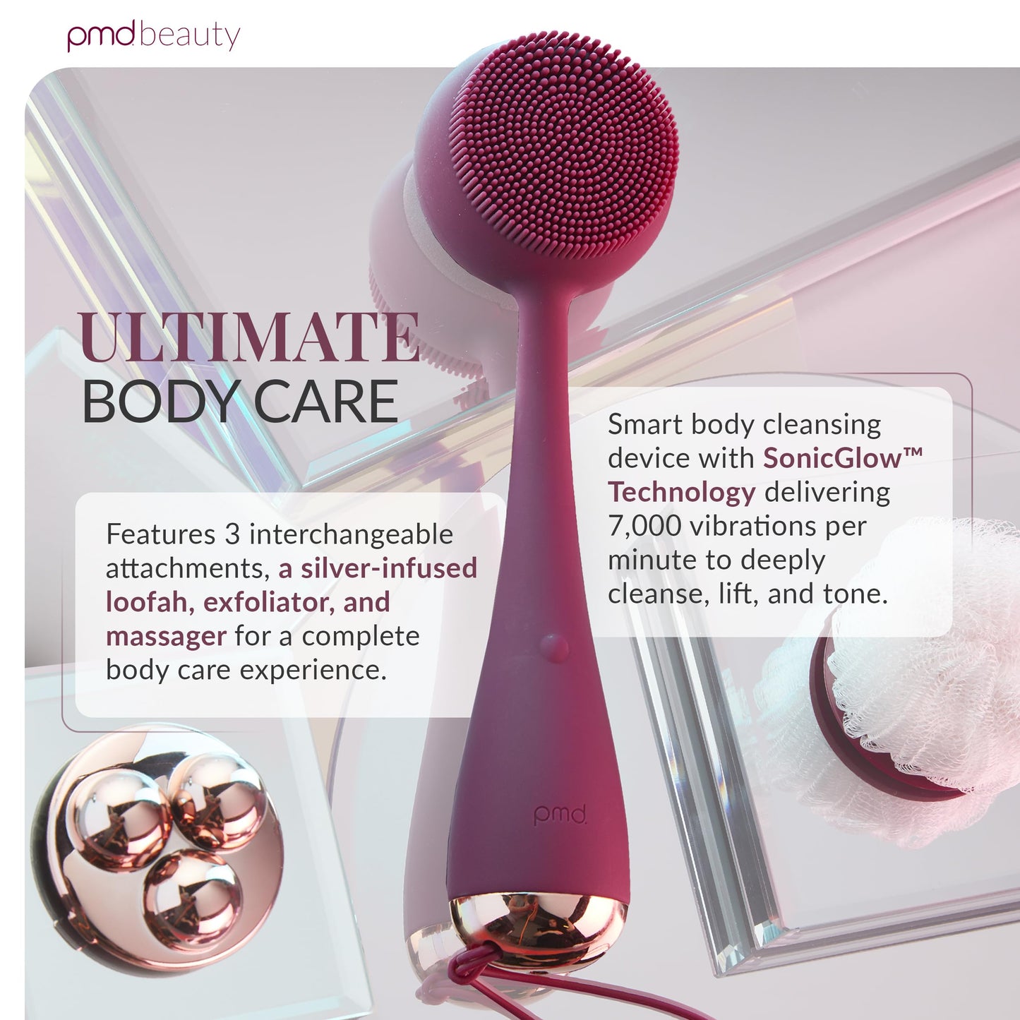 PMD Clean Body - Smart Body Cleansing Device with Silicone Brush & Three Interchangeable Attachments - Waterproof - SonicGlow Vibration - Cleanse Beauty & Personal Care PMD Beauty