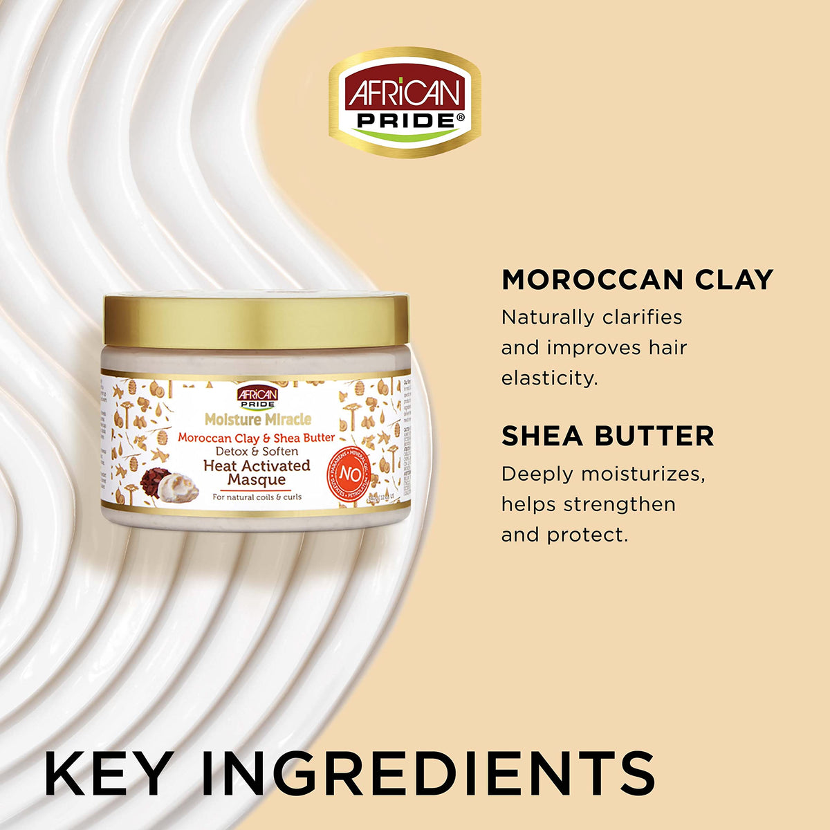 African Pride Moisture Miracle Moroccan Clay & Shea Butter Heat Activated Masque - For Natural Coils & Curls, Detoxes & Softens, Removes Impurities &