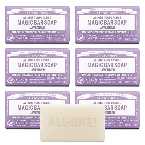 Dr. Bronner's Pure-Castile Magic Soap Bars (Lavender, 5 oz, 6-Pack)- Bath Soap with Regenerative Organic Certified Oils- For Face, Body & Hair Beauty & Personal Care Dr. Bronner's